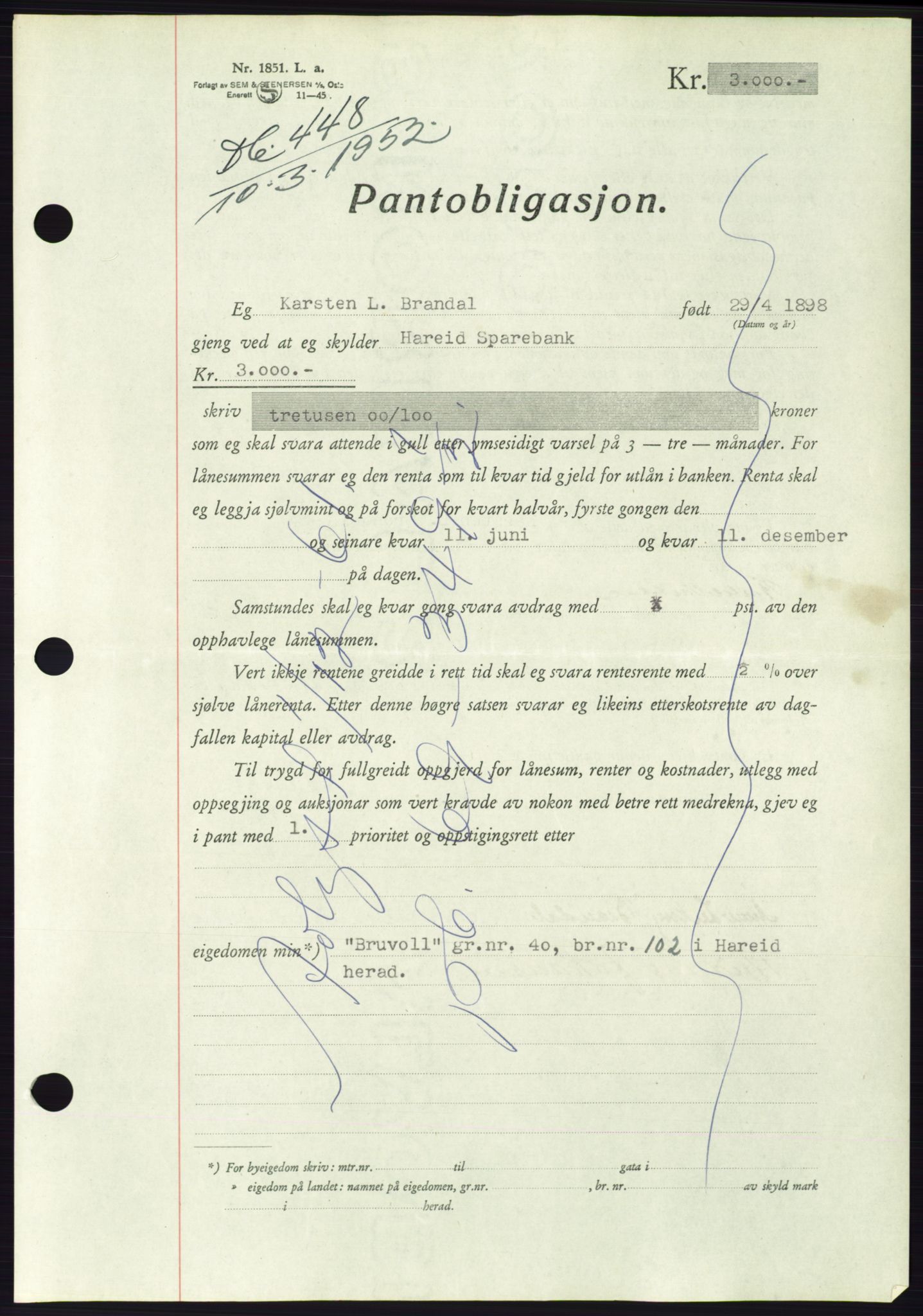 Søre Sunnmøre sorenskriveri, AV/SAT-A-4122/1/2/2C/L0121: Pantebok nr. 9B, 1951-1952, Dagboknr: 448/1952
