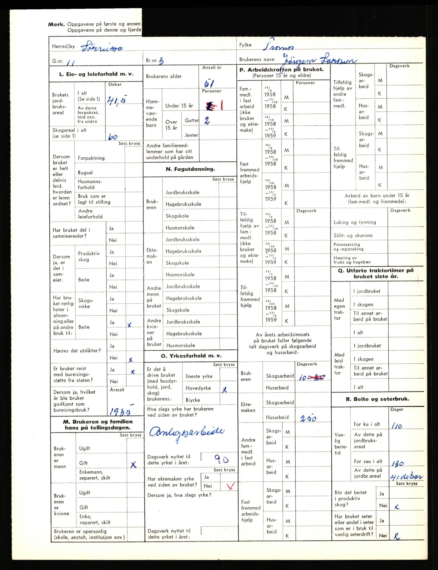 Statistisk sentralbyrå, Næringsøkonomiske emner, Jordbruk, skogbruk, jakt, fiske og fangst, AV/RA-S-2234/G/Gd/L0656: Troms: 1924 Målselv (kl. 0-3) og 1925 Sørreisa, 1959, s. 1756