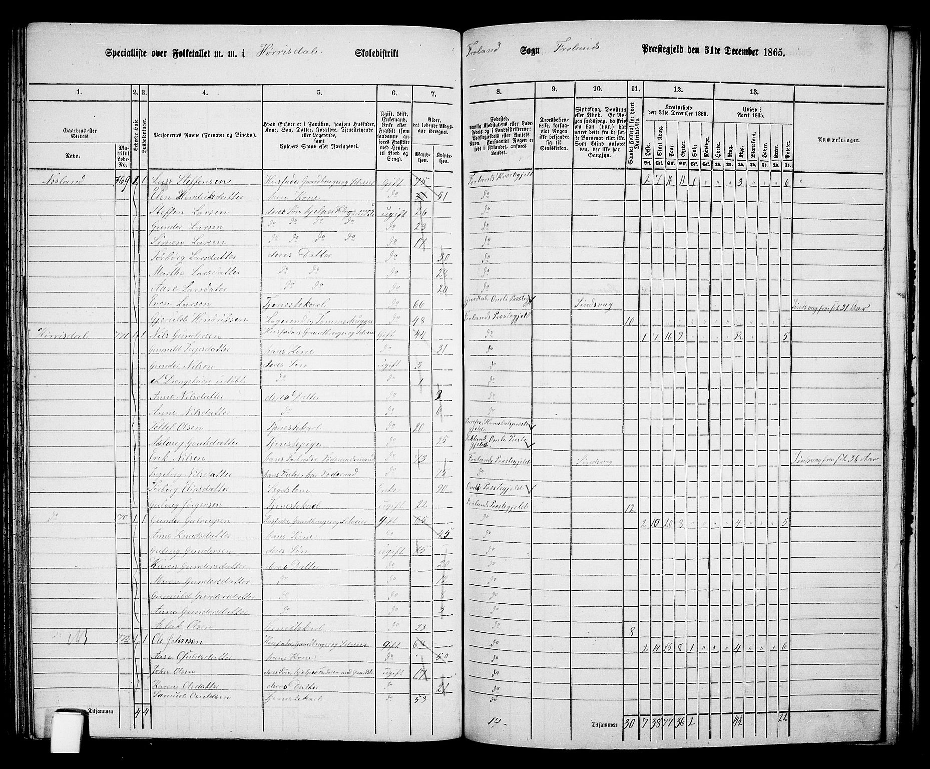 RA, Folketelling 1865 for 0919P Froland prestegjeld, 1865, s. 70