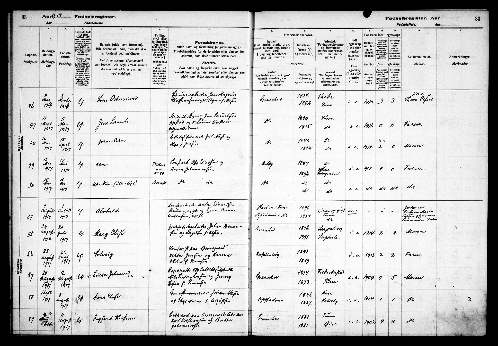 Tune prestekontor Kirkebøker, AV/SAO-A-2007/J/Ja/L0001: Fødselsregister nr. I 1, 1916-1928, s. 33