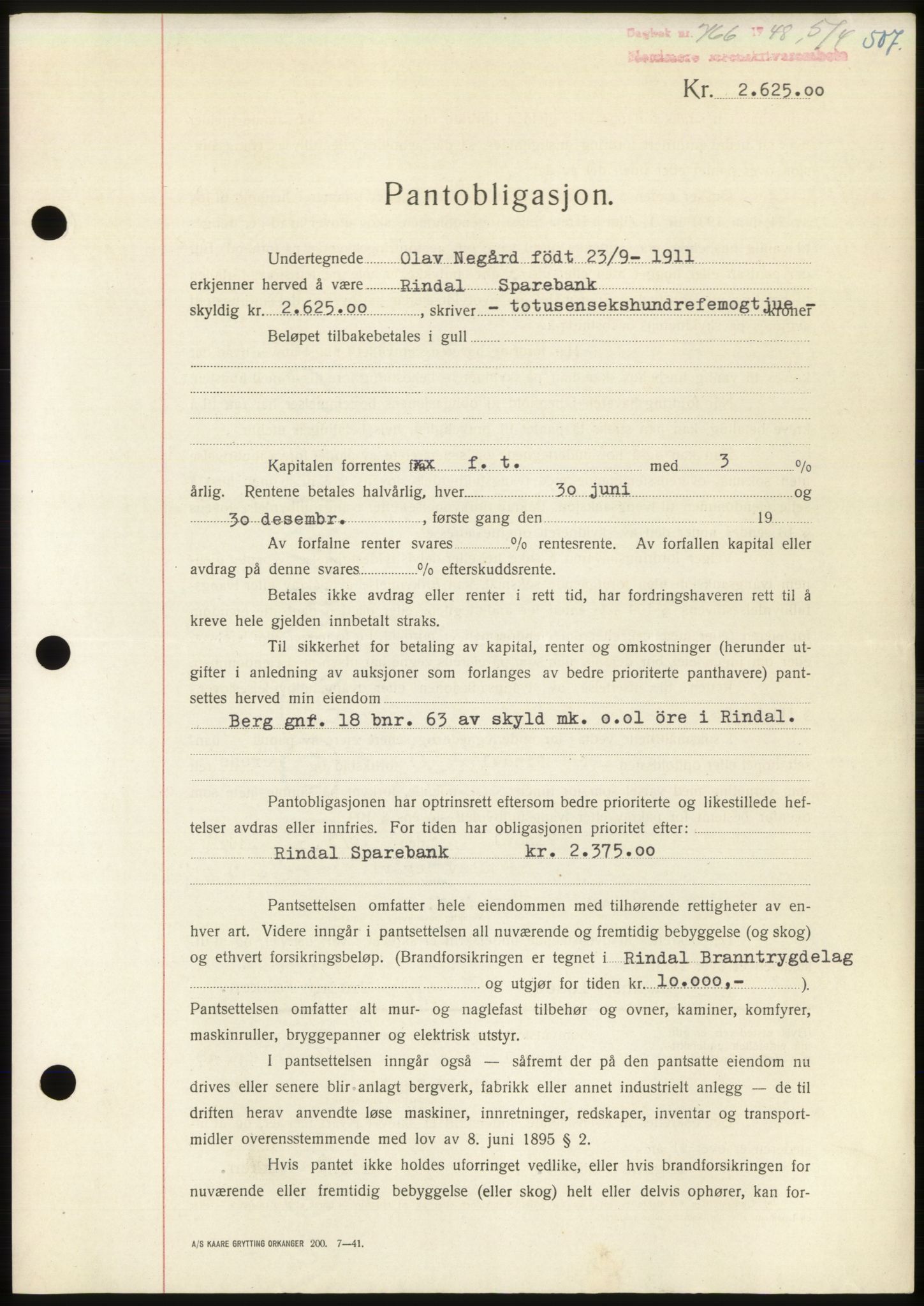 Nordmøre sorenskriveri, SAT/A-4132/1/2/2Ca: Pantebok nr. B98, 1948-1948, Dagboknr: 766/1948
