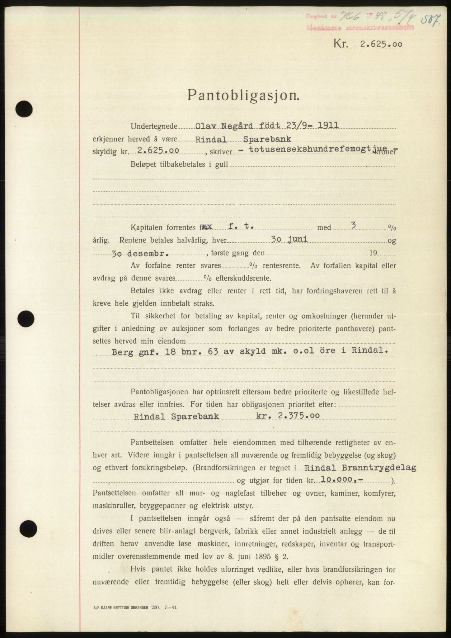 Nordmøre sorenskriveri, AV/SAT-A-4132/1/2/2Ca: Pantebok nr. B98, 1948-1948, Dagboknr: 766/1948