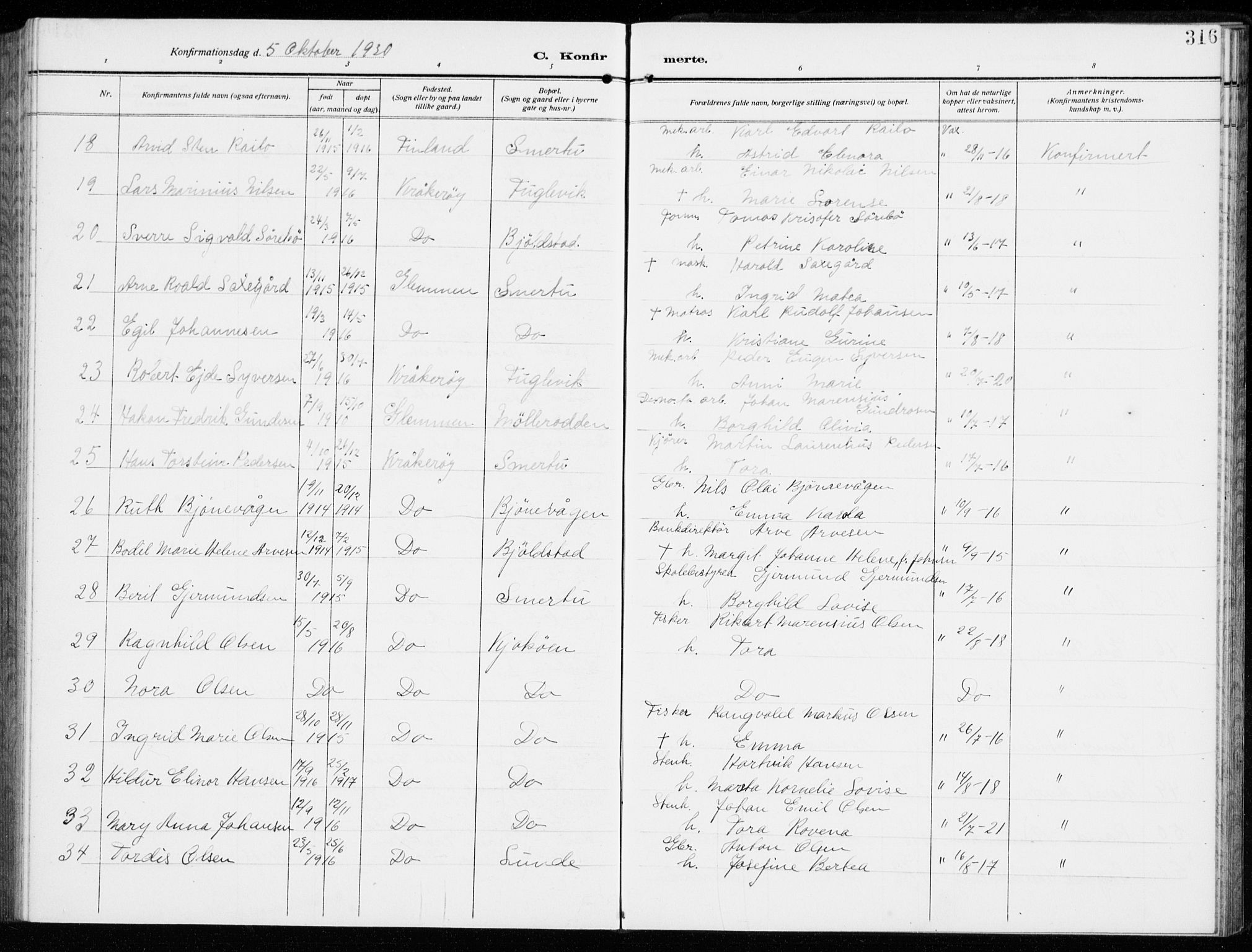 Kråkerøy prestekontor Kirkebøker, AV/SAO-A-10912/G/Ga/L0001: Klokkerbok nr. 1, 1908-1944, s. 316