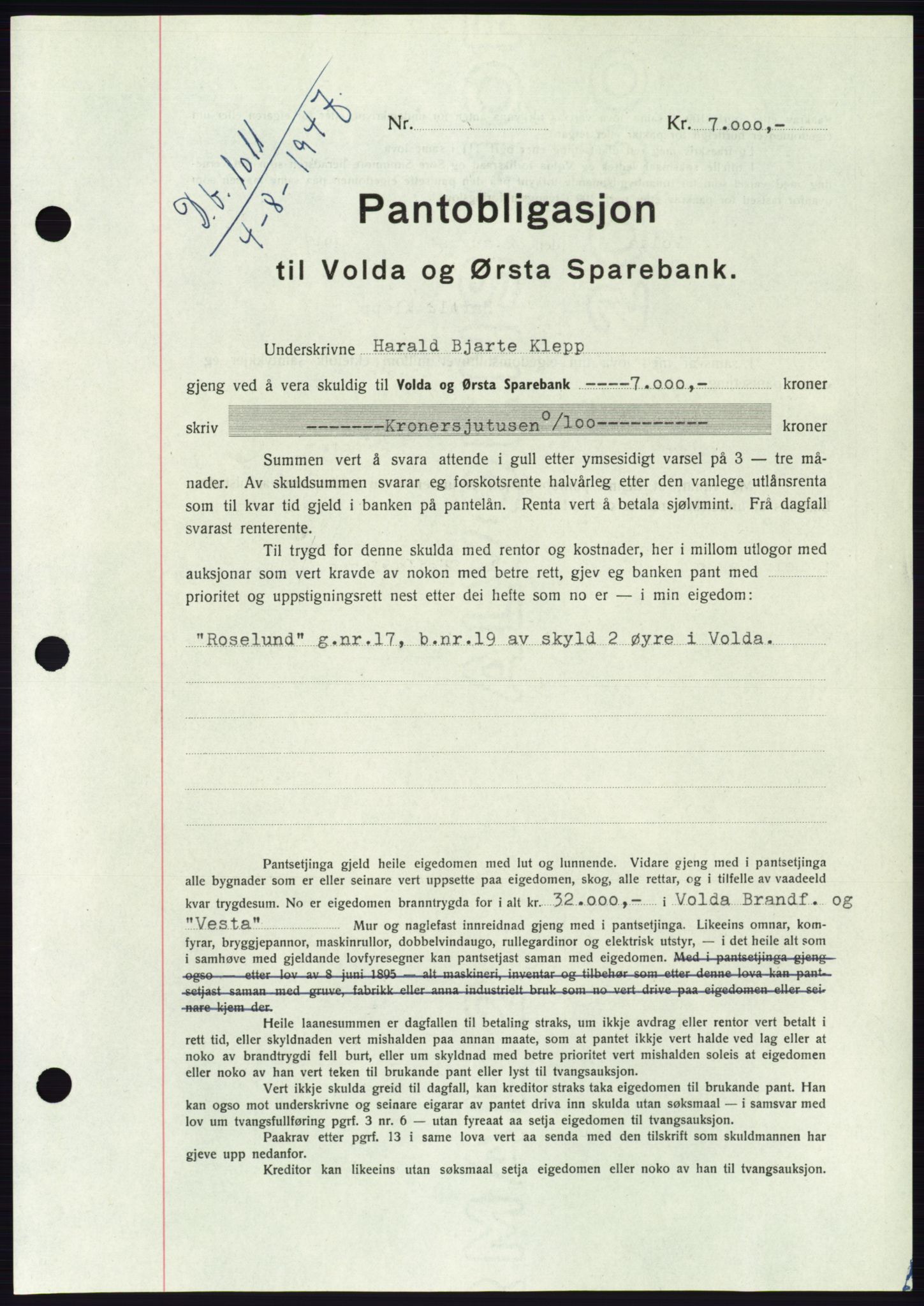 Søre Sunnmøre sorenskriveri, AV/SAT-A-4122/1/2/2C/L0115: Pantebok nr. 3B, 1947-1948, Dagboknr: 1011/1947