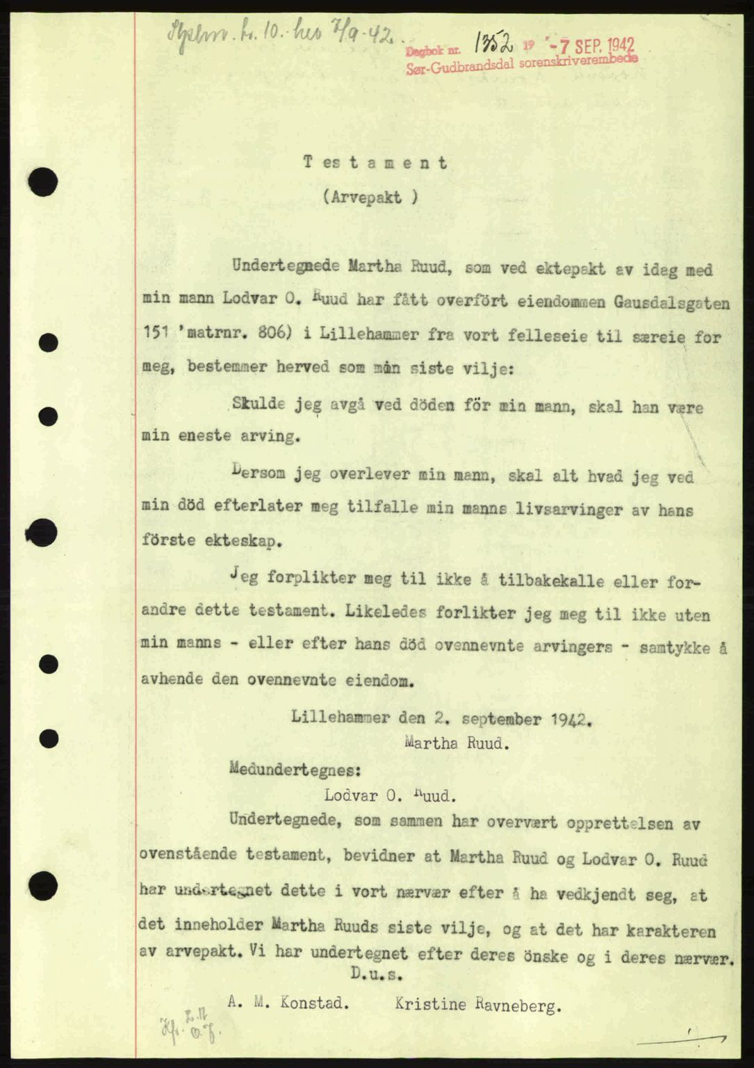 Sør-Gudbrandsdal tingrett, SAH/TING-004/H/Hb/Hbe/L0002: Pantebok nr. B2, 1939-1943, Dagboknr: 1352/1942