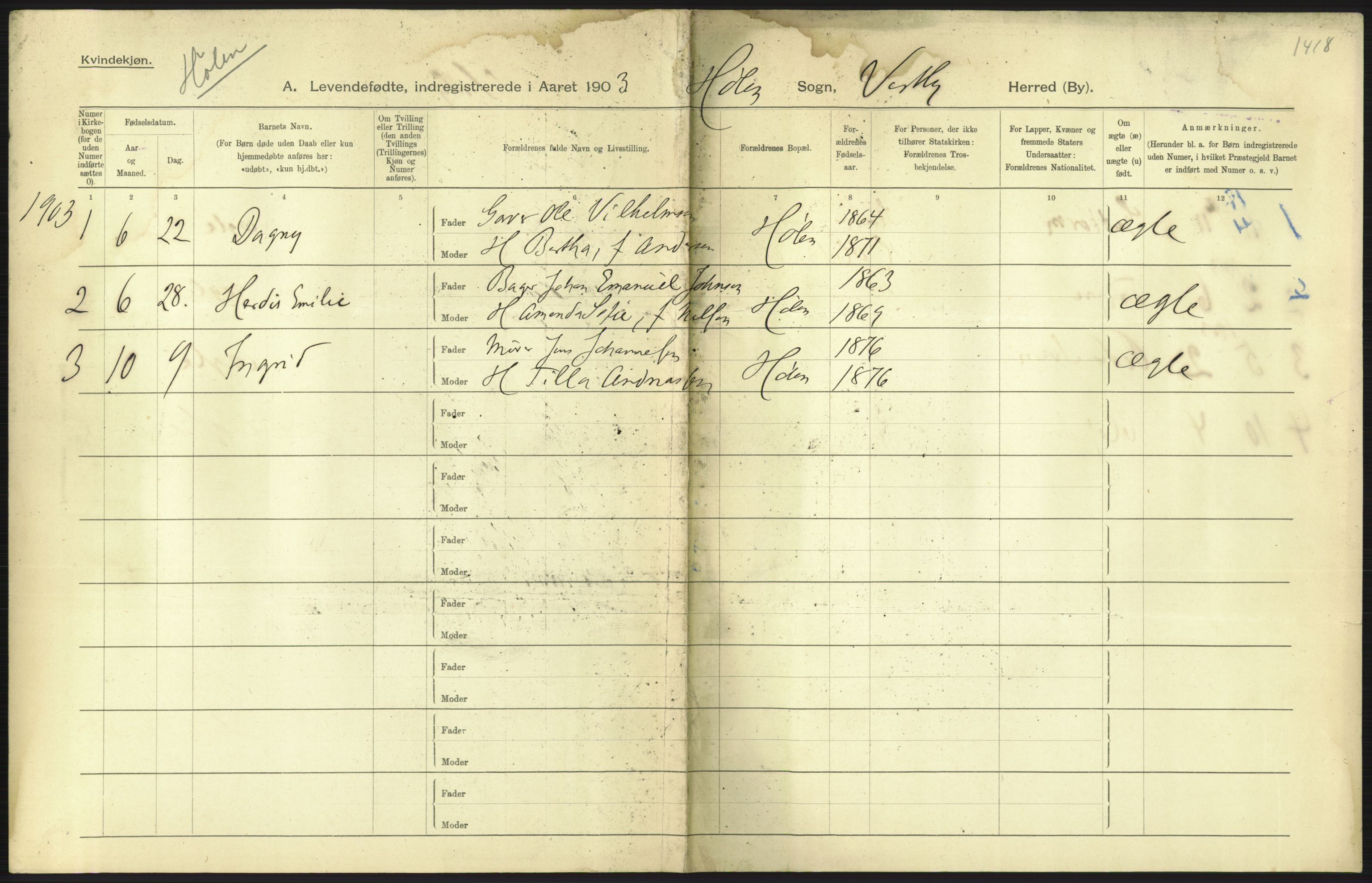 Statistisk sentralbyrå, Sosiodemografiske emner, Befolkning, AV/RA-S-2228/D/Df/Dfa/Dfaa/L0002: Akershus amt: Fødte, gifte, døde, 1903, s. 399