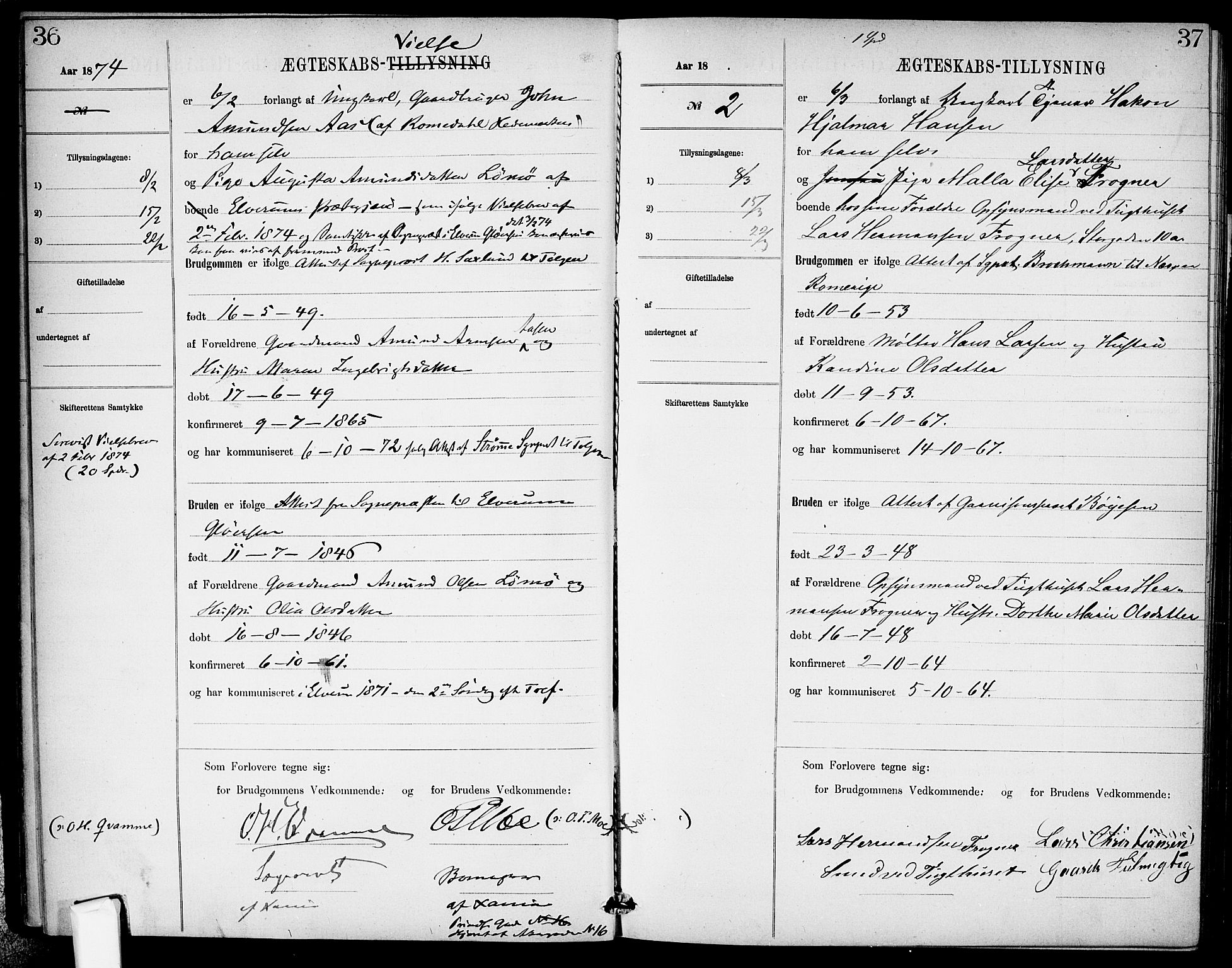 Garnisonsmenigheten Kirkebøker, AV/SAO-A-10846/H/Ha/L0007: Lysningsprotokoll nr. I 7, 1872-1893, s. 36-37