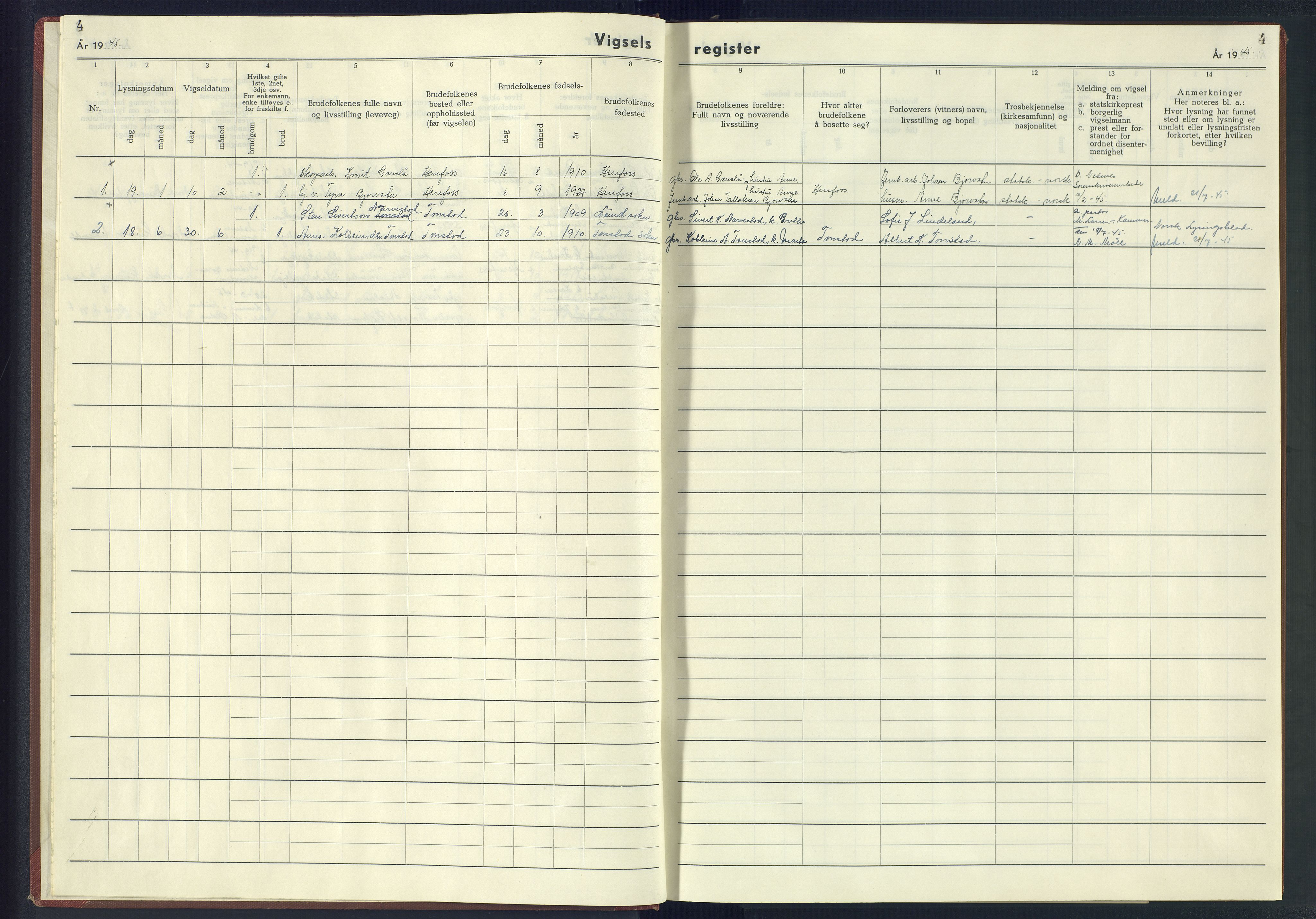 Herefoss sokneprestkontor, SAK/1111-0019/J/Jb/L0004: Vigselsregister nr. II.6.4, 1942-1945, s. 4