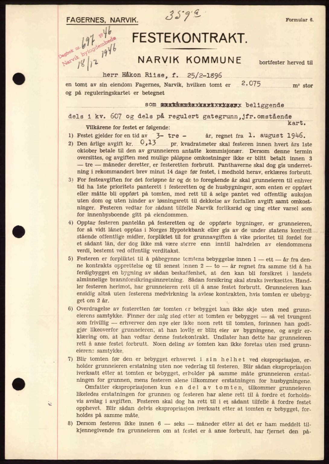 Narvik sorenskriveri, SAT/A-0002/1/2/2C/2Ca: Pantebok nr. A21, 1946-1947, Dagboknr: 697/1946