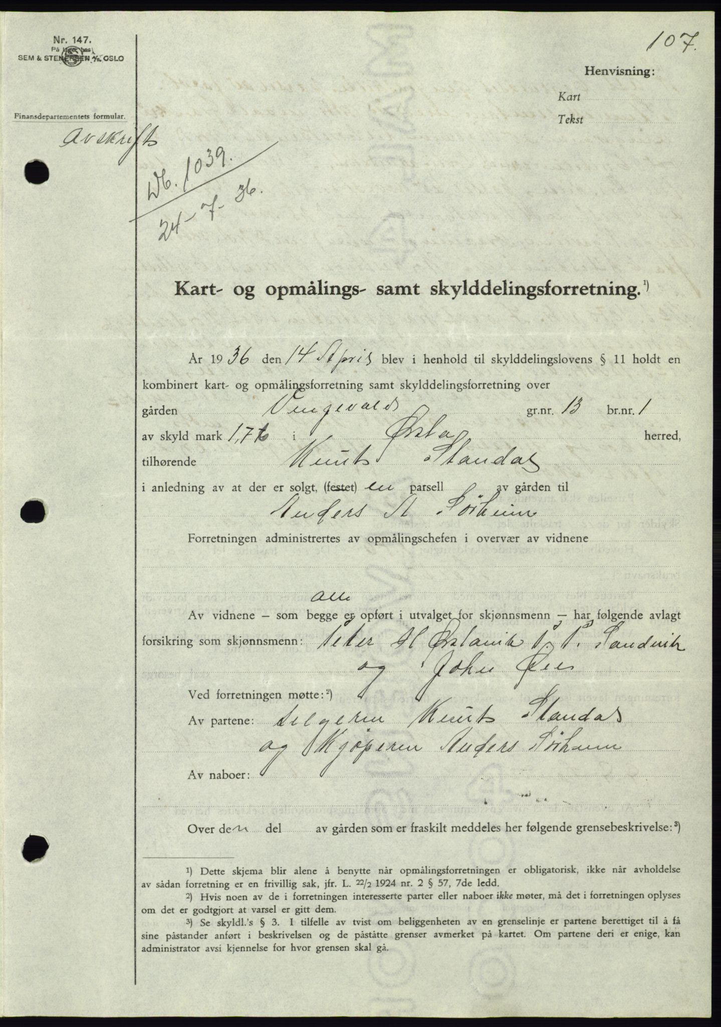 Søre Sunnmøre sorenskriveri, SAT/A-4122/1/2/2C/L0061: Pantebok nr. 55, 1936-1936, Dagboknr: 1039/1936