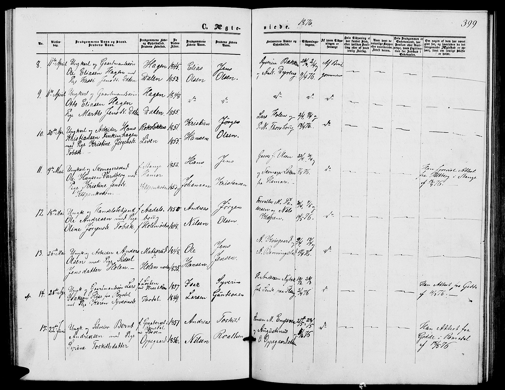 Løten prestekontor, AV/SAH-PREST-022/L/La/L0004: Klokkerbok nr. 4, 1863-1877, s. 399