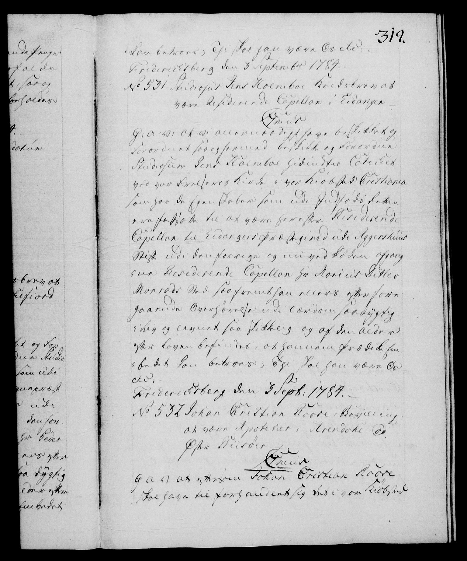 Danske Kanselli 1572-1799, AV/RA-EA-3023/F/Fc/Fca/Fcaa/L0050: Norske registre, 1784-1785, s. 319a