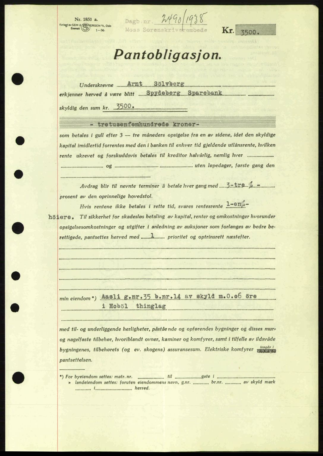 Moss sorenskriveri, SAO/A-10168: Pantebok nr. B6, 1938-1938, Dagboknr: 2490/1938