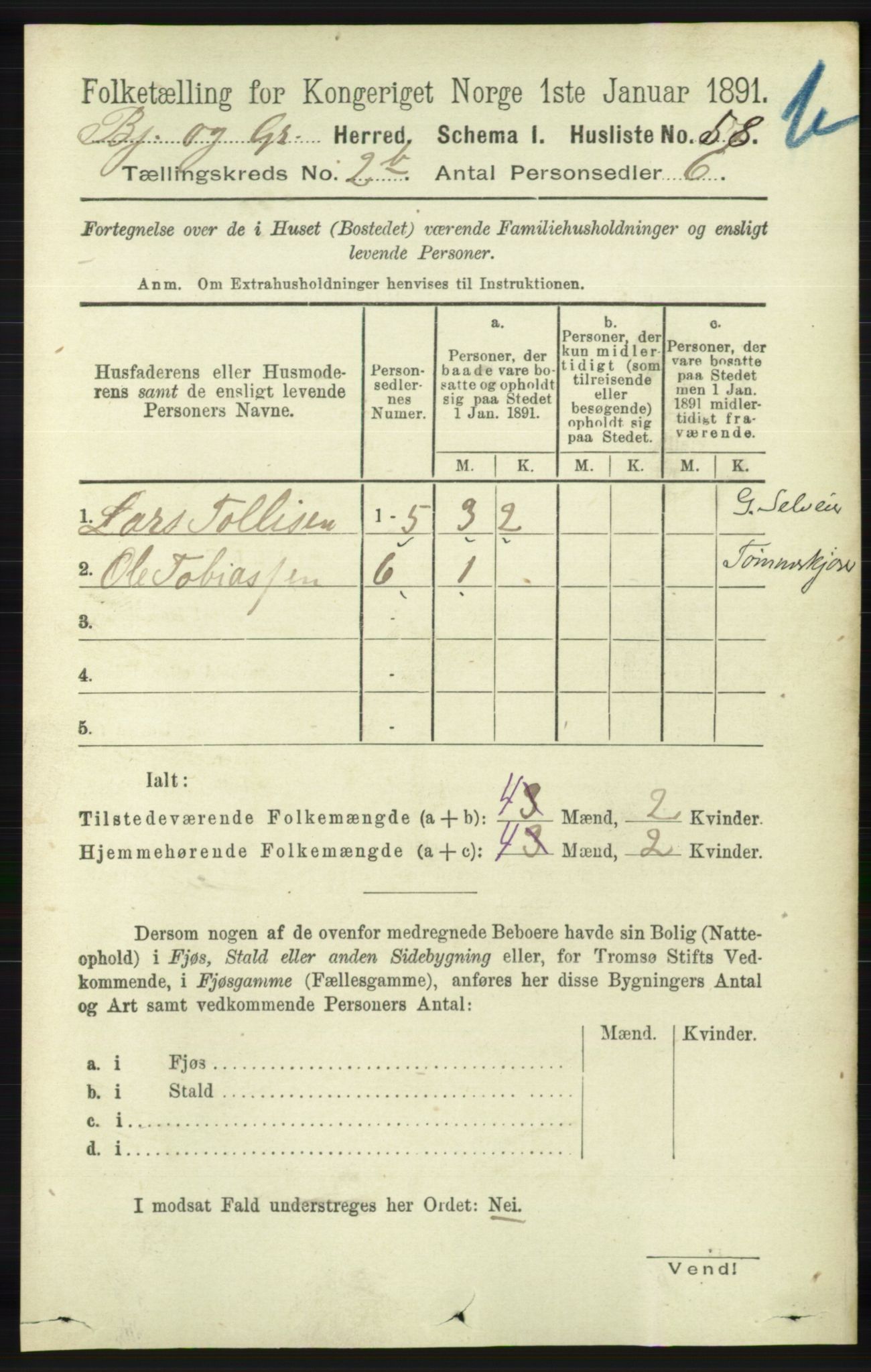 RA, Folketelling 1891 for 1024 Bjelland og Grindheim herred, 1891, s. 301