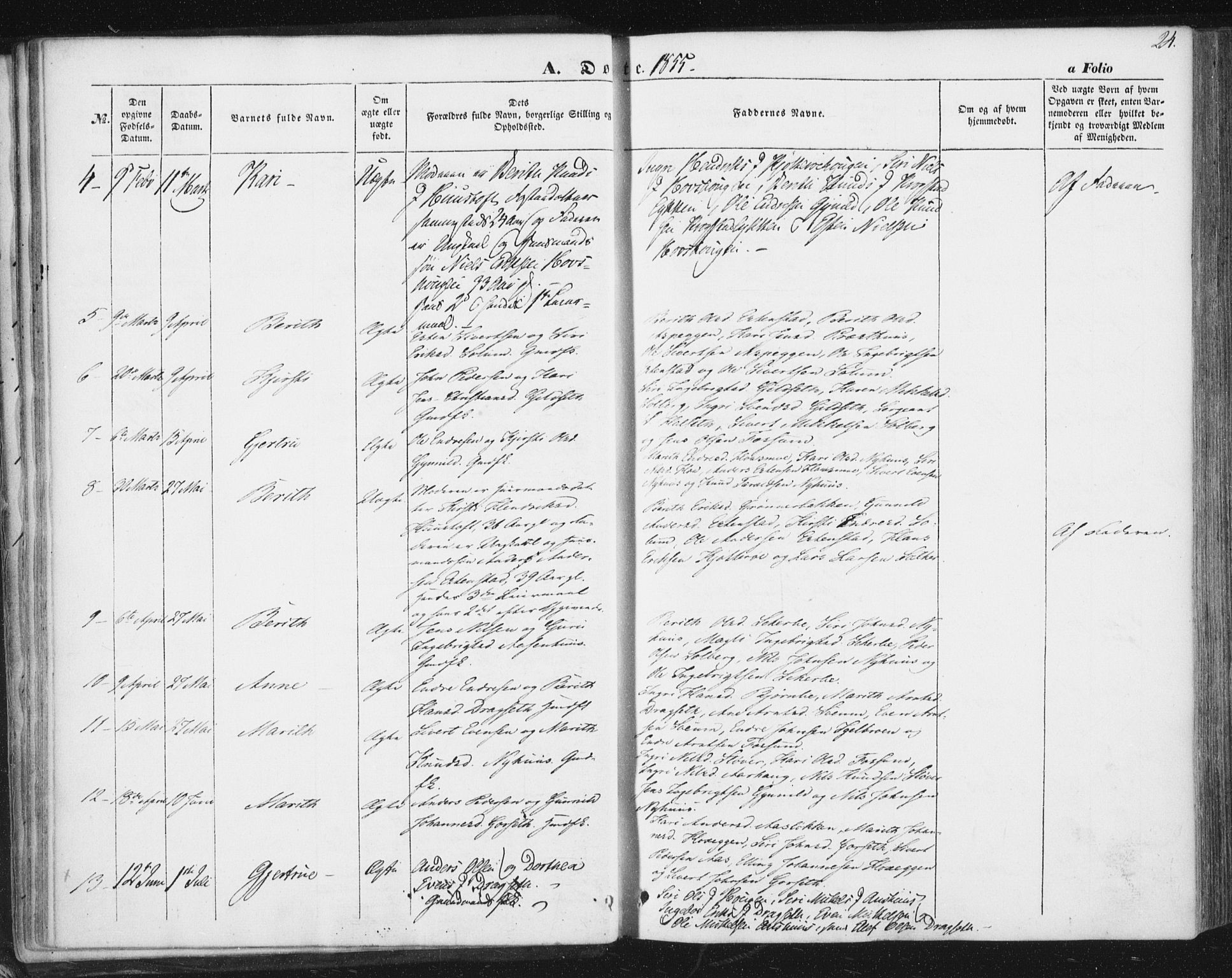 Ministerialprotokoller, klokkerbøker og fødselsregistre - Sør-Trøndelag, AV/SAT-A-1456/689/L1038: Ministerialbok nr. 689A03, 1848-1872, s. 24