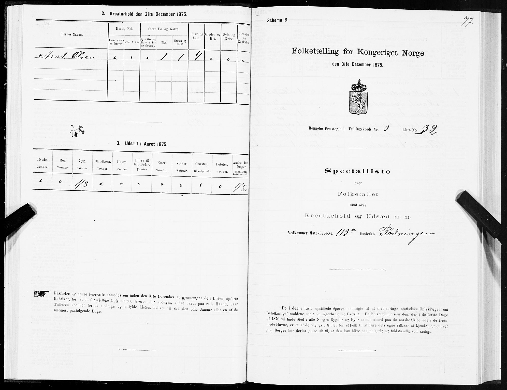 SAT, Folketelling 1875 for 1635P Rennebu prestegjeld, 1875, s. 2077