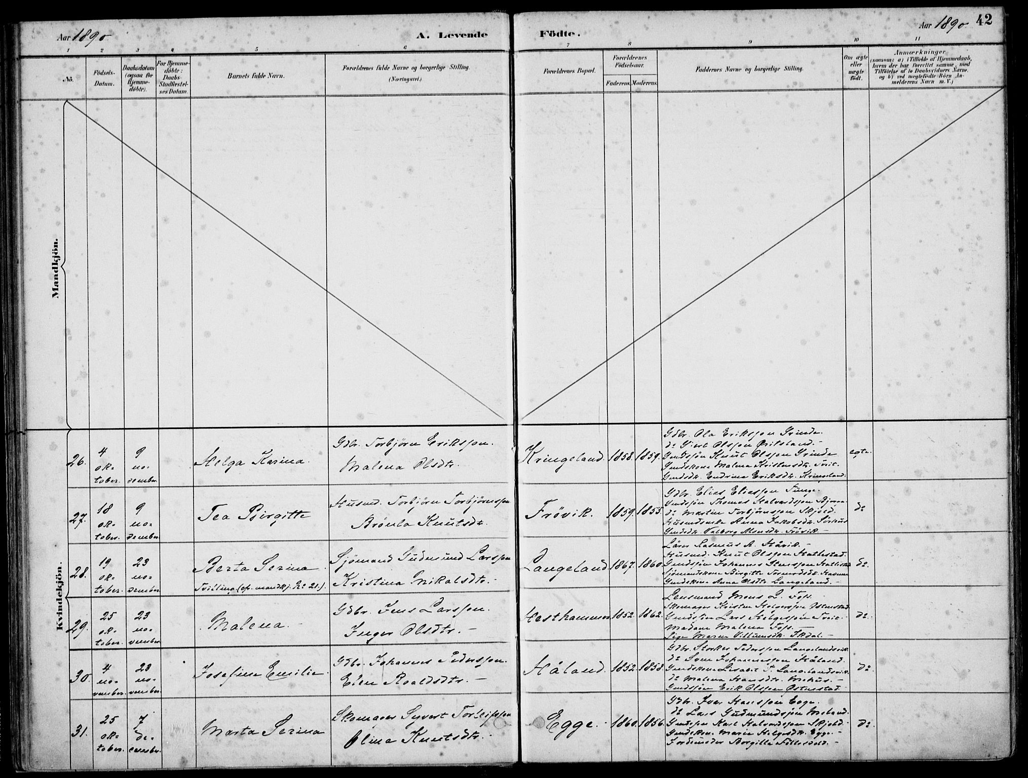 Skjold sokneprestkontor, AV/SAST-A-101847/H/Ha/Haa/L0010: Ministerialbok nr. A 10, 1882-1897, s. 42