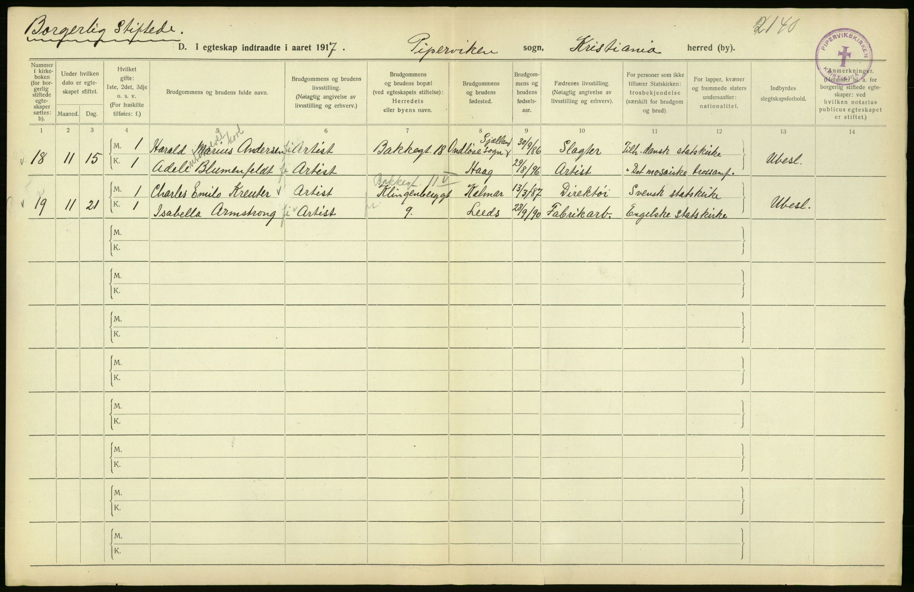 Statistisk sentralbyrå, Sosiodemografiske emner, Befolkning, AV/RA-S-2228/D/Df/Dfb/Dfbg/L0009: Kristiania: Gifte, 1917, s. 288