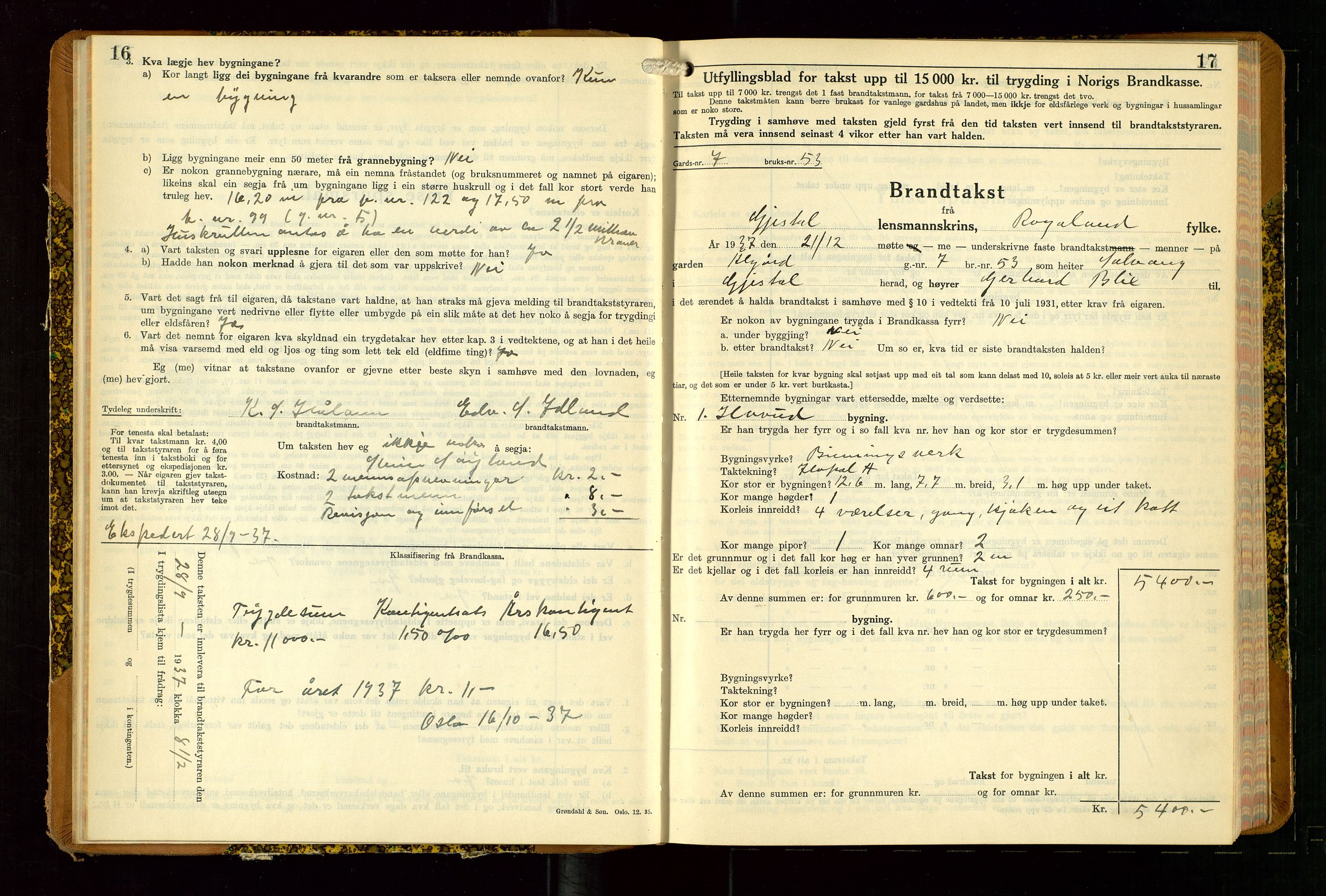 Gjesdal lensmannskontor, AV/SAST-A-100441/Go/L0008: Branntakstskjemaprotokoll, 1937-1955, s. 16-17