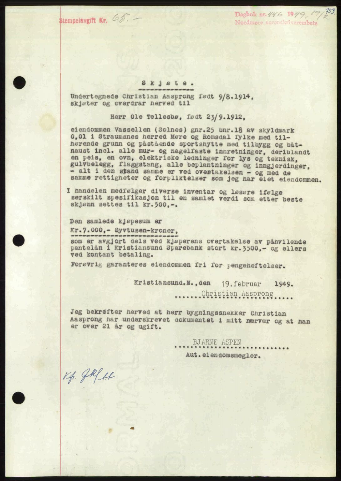 Nordmøre sorenskriveri, SAT/A-4132/1/2/2Ca: Pantebok nr. A110, 1948-1949, Dagboknr: 446/1949