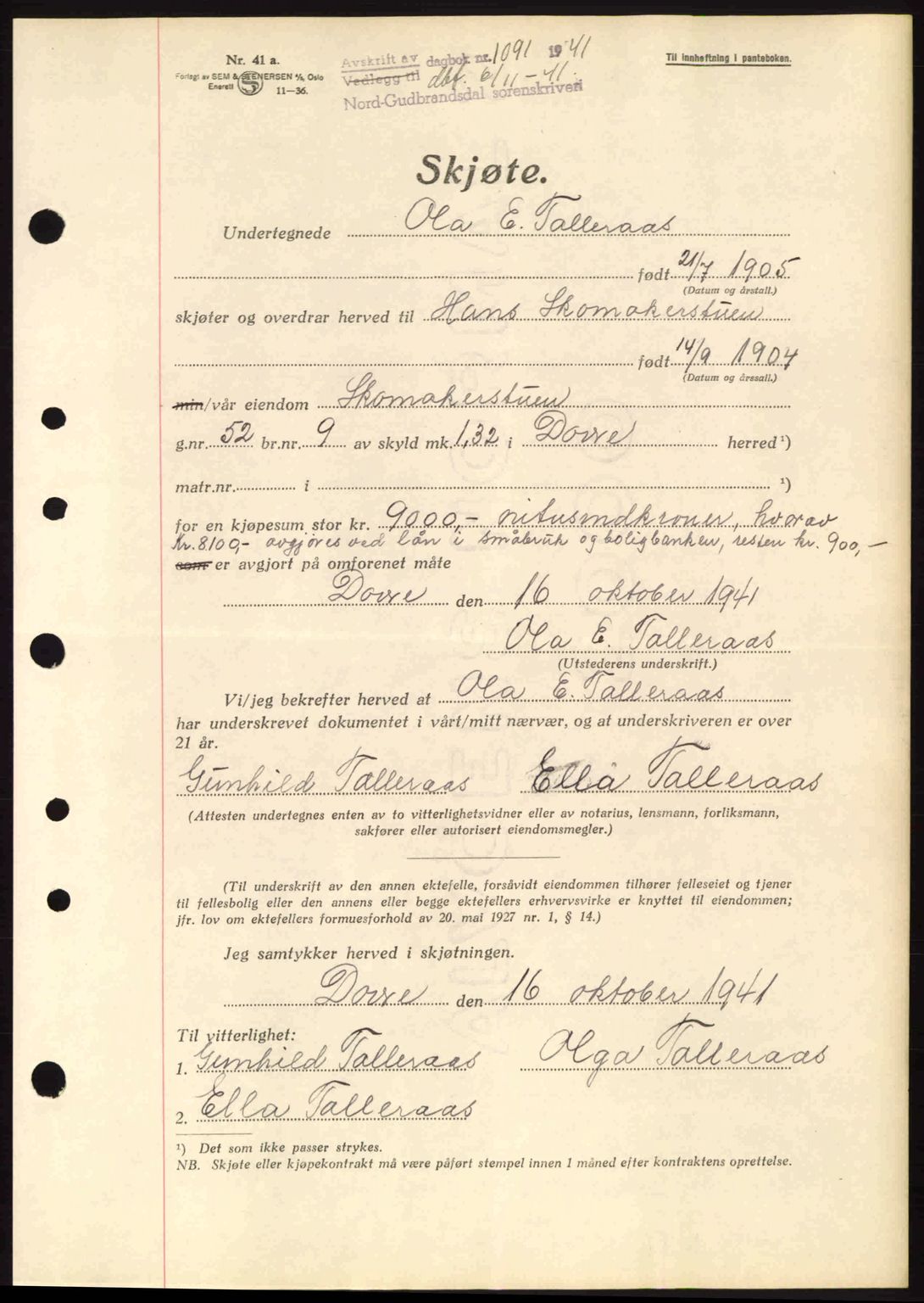 Nord-Gudbrandsdal tingrett, SAH/TING-002/H/Hb/Hbb/L0007: Pantebok nr. FA7, 1941-1941, Dagboknr: 1091/1941