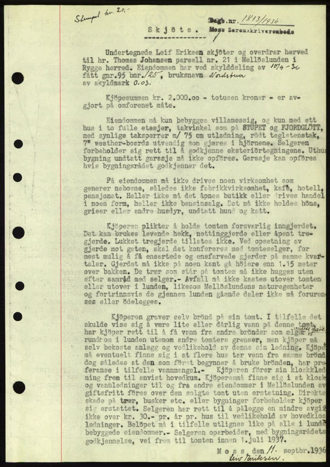 Moss sorenskriveri, SAO/A-10168: Pantebok nr. A1, 1936-1936, Dagboknr: 1813/1936