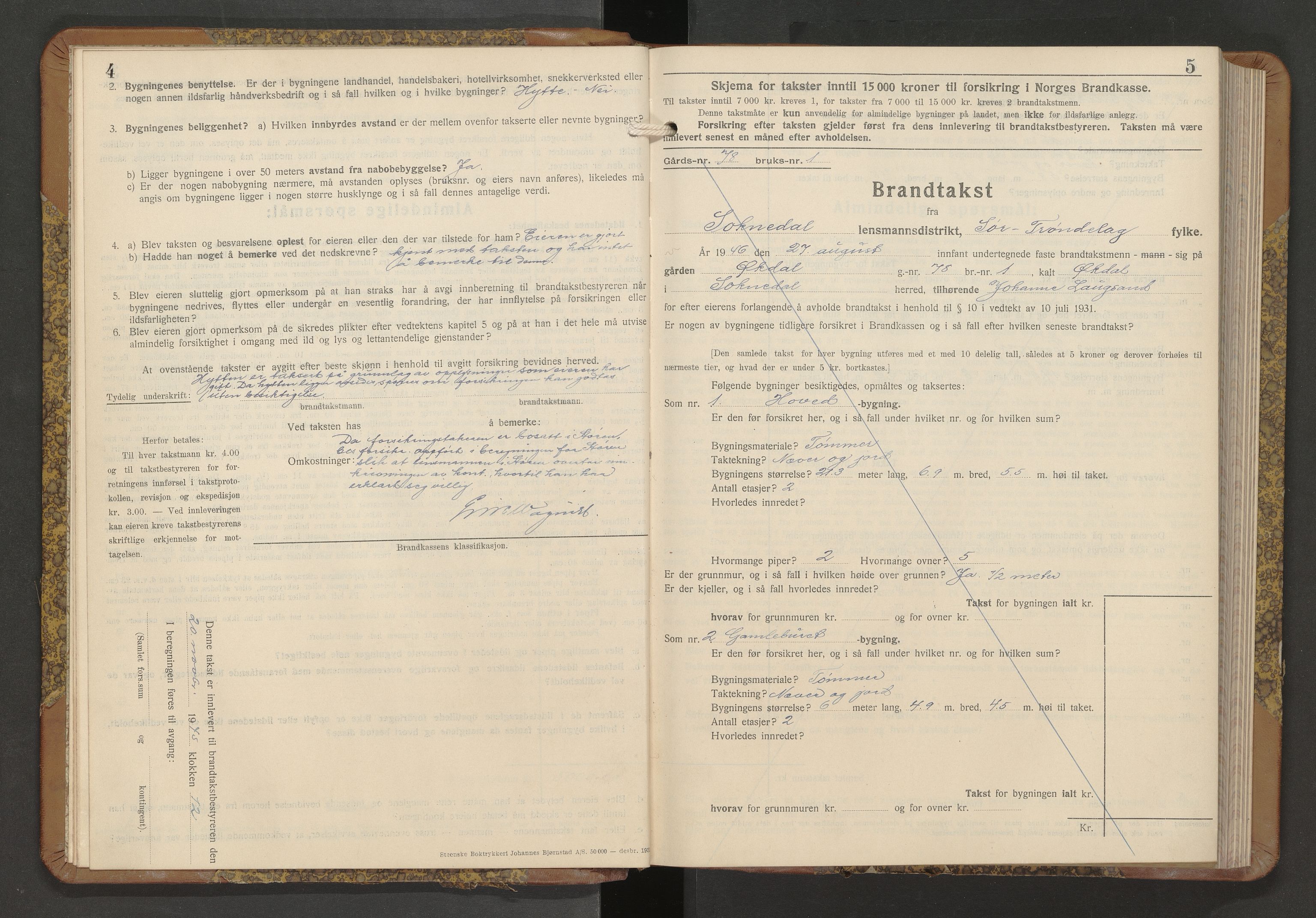 Norges Brannkasse Soknedal, AV/SAT-A-5533/Fb/L0002: Branntakstprotokoll, 1945-1946