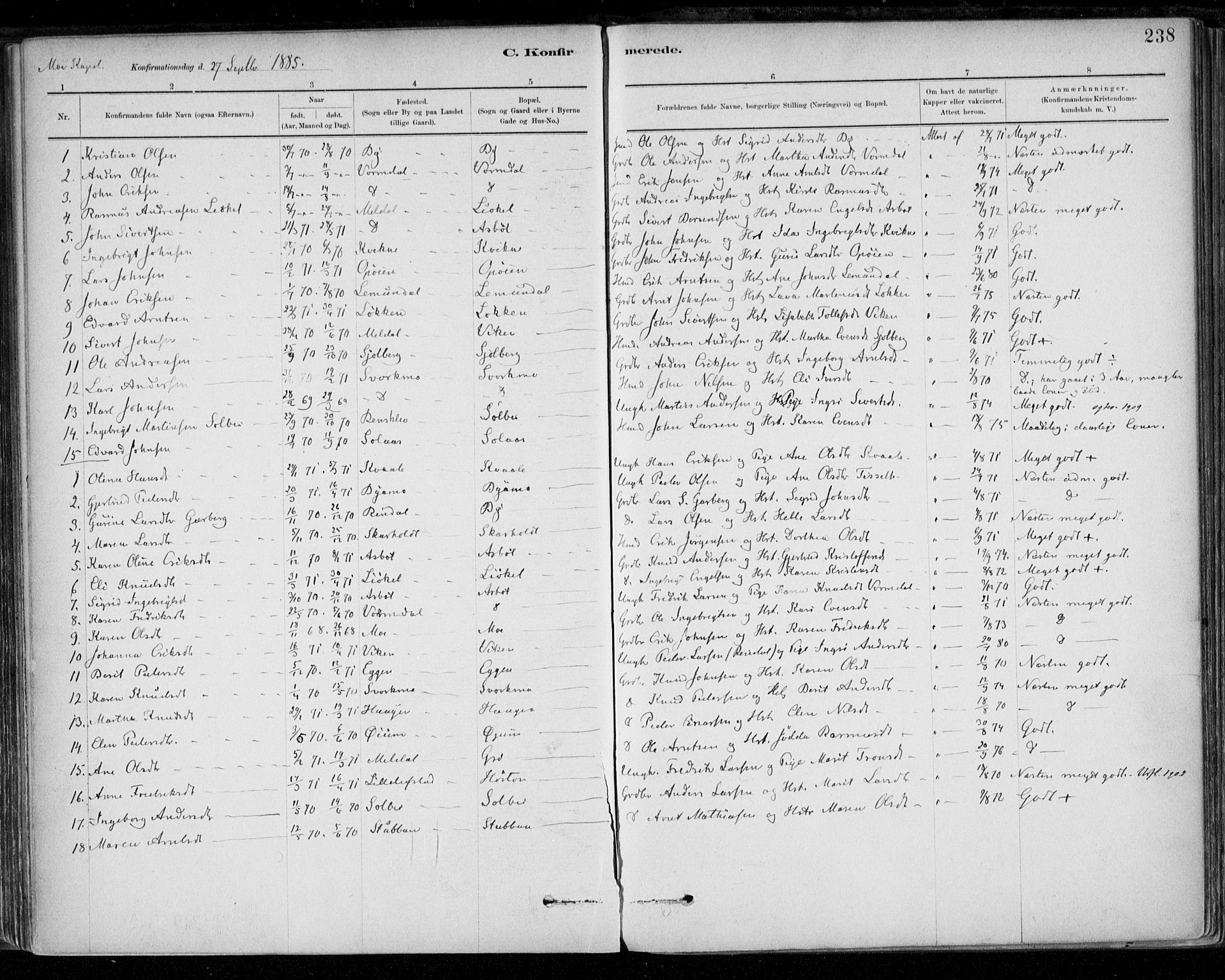 Ministerialprotokoller, klokkerbøker og fødselsregistre - Sør-Trøndelag, AV/SAT-A-1456/668/L0809: Ministerialbok nr. 668A09, 1881-1895, s. 238