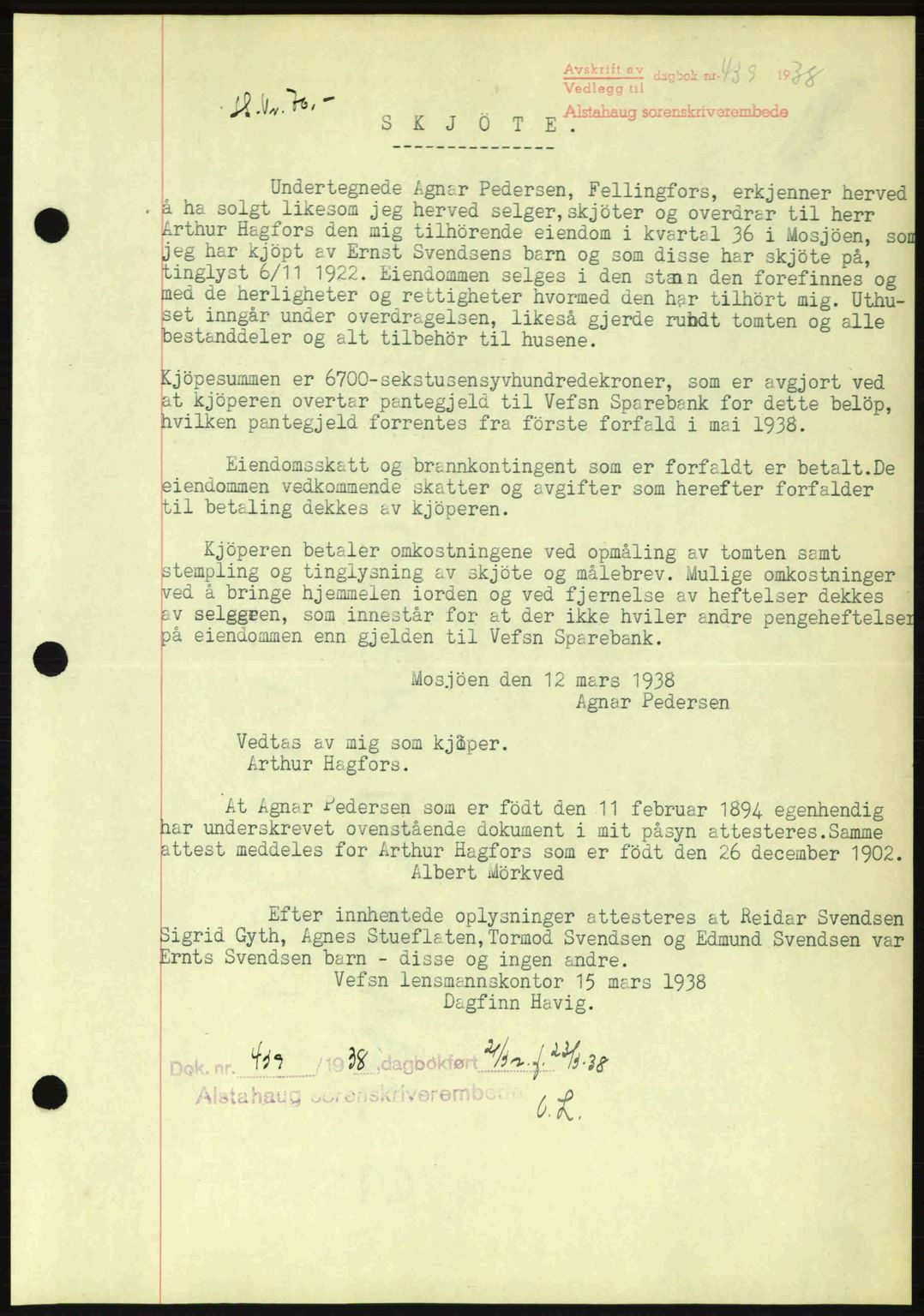 Alstahaug sorenskriveri, SAT/A-1009: Pantebok nr. A3, 1937-1938, Dagboknr: 439/1938