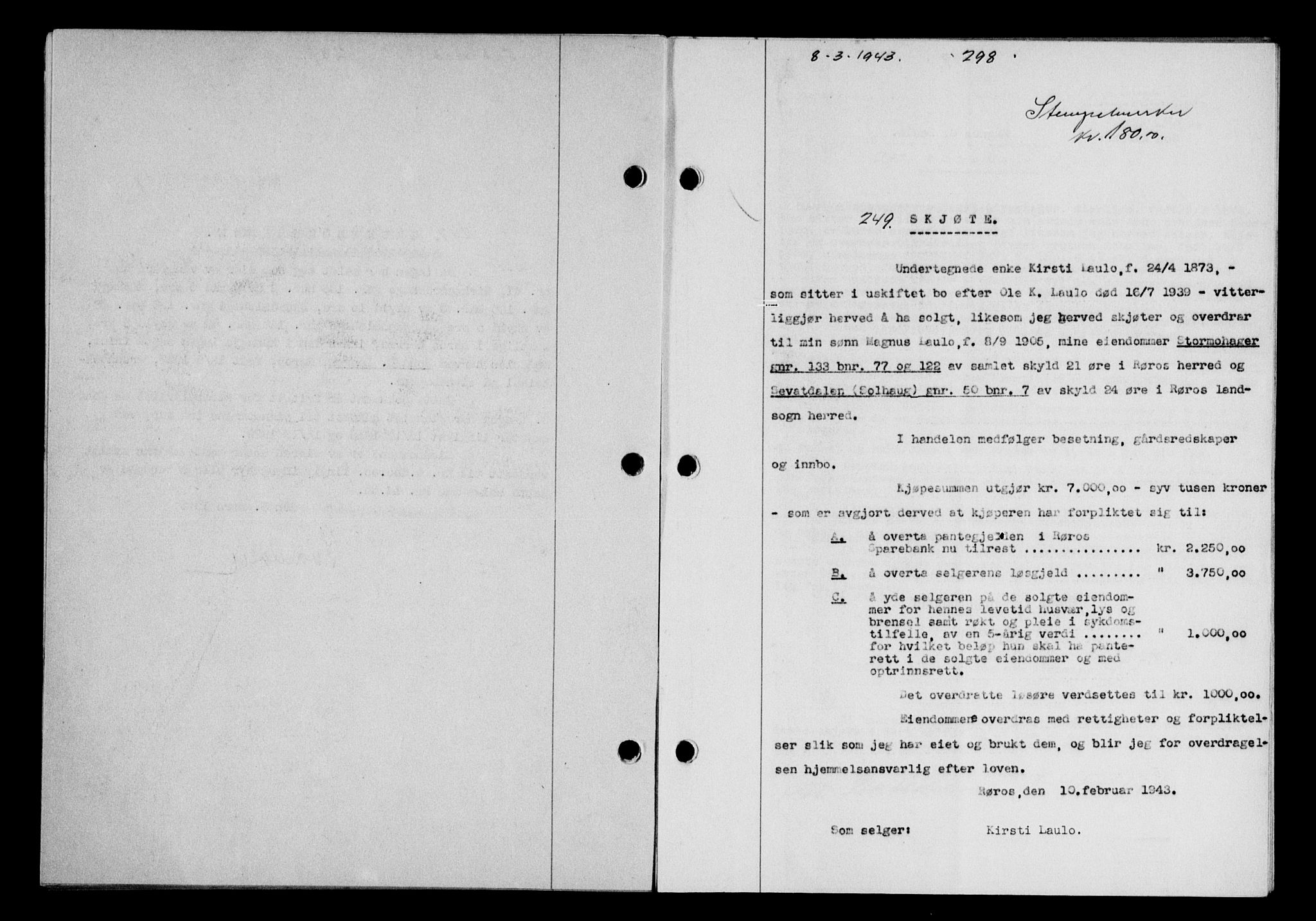 Gauldal sorenskriveri, SAT/A-0014/1/2/2C/L0056: Pantebok nr. 61, 1942-1943, Dagboknr: 249/1943
