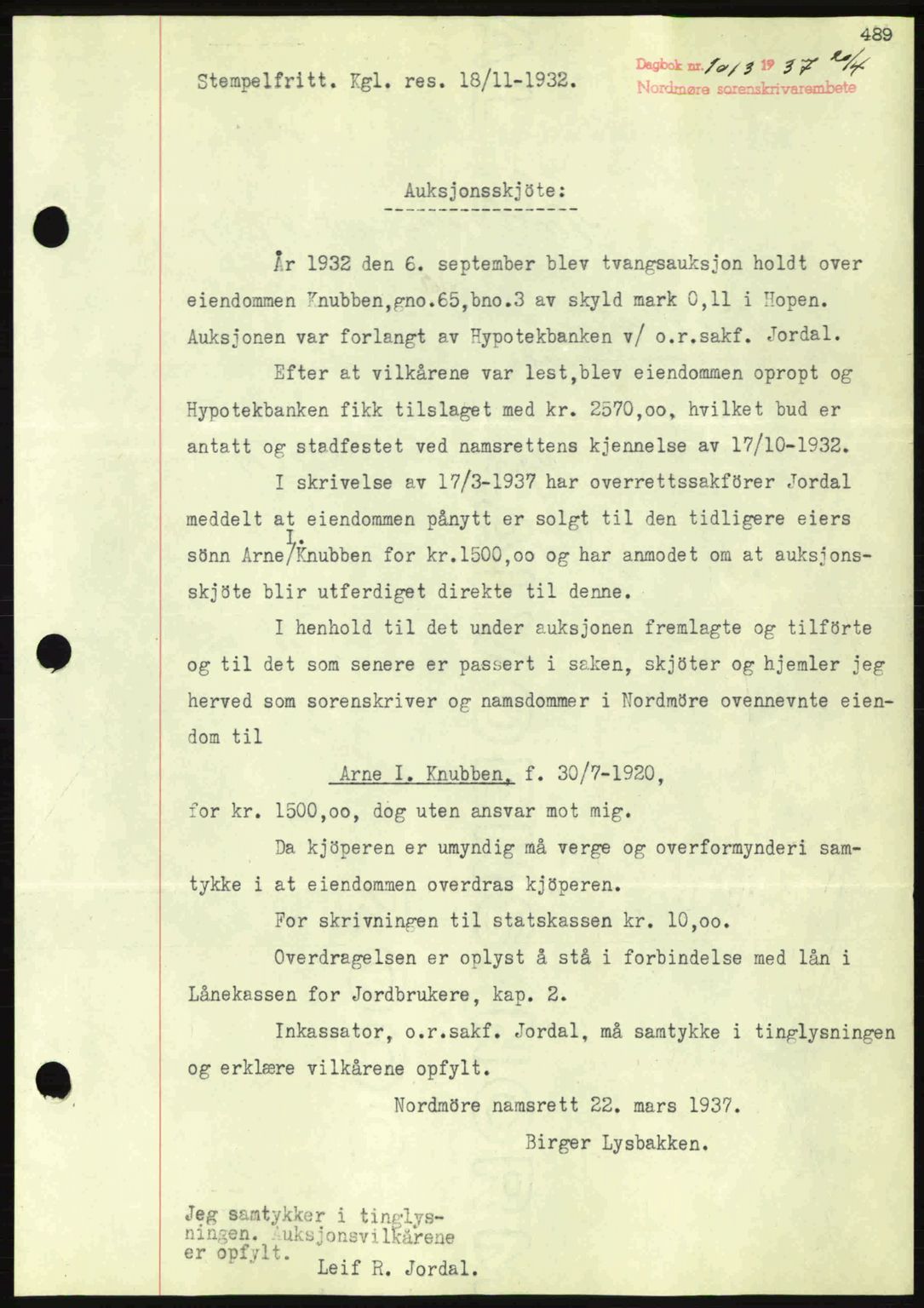 Nordmøre sorenskriveri, SAT/A-4132/1/2/2Ca: Pantebok nr. A81, 1937-1937, Dagboknr: 1013/1937
