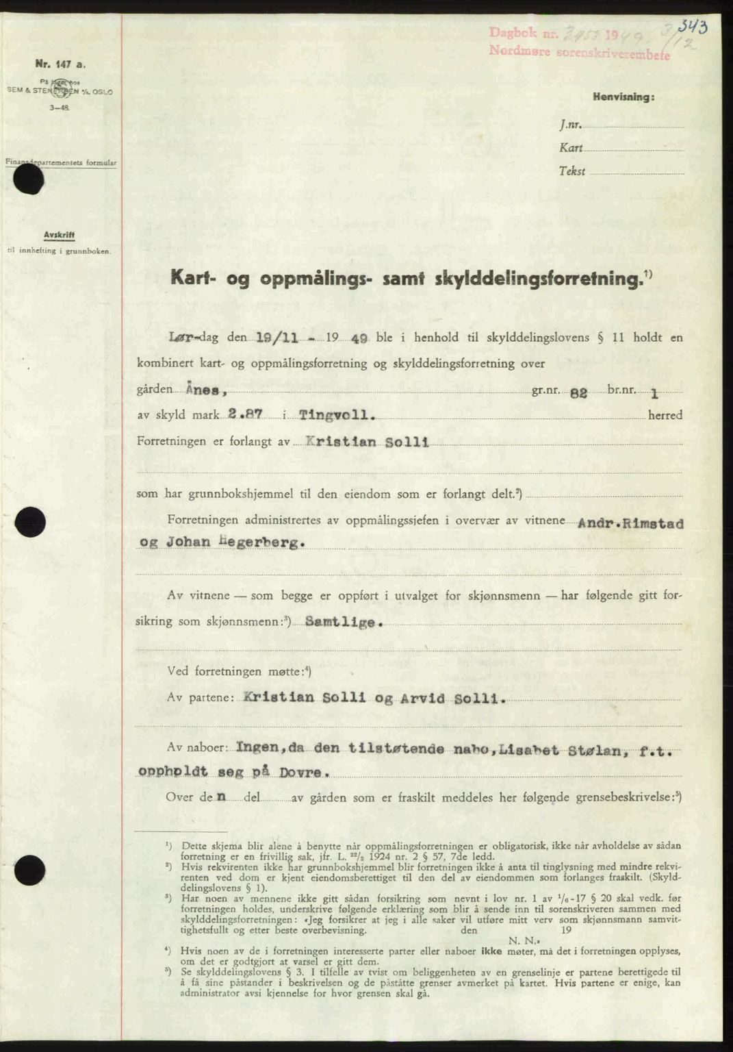 Nordmøre sorenskriveri, AV/SAT-A-4132/1/2/2Ca: Pantebok nr. A113, 1949-1950, Dagboknr: 3453/1949