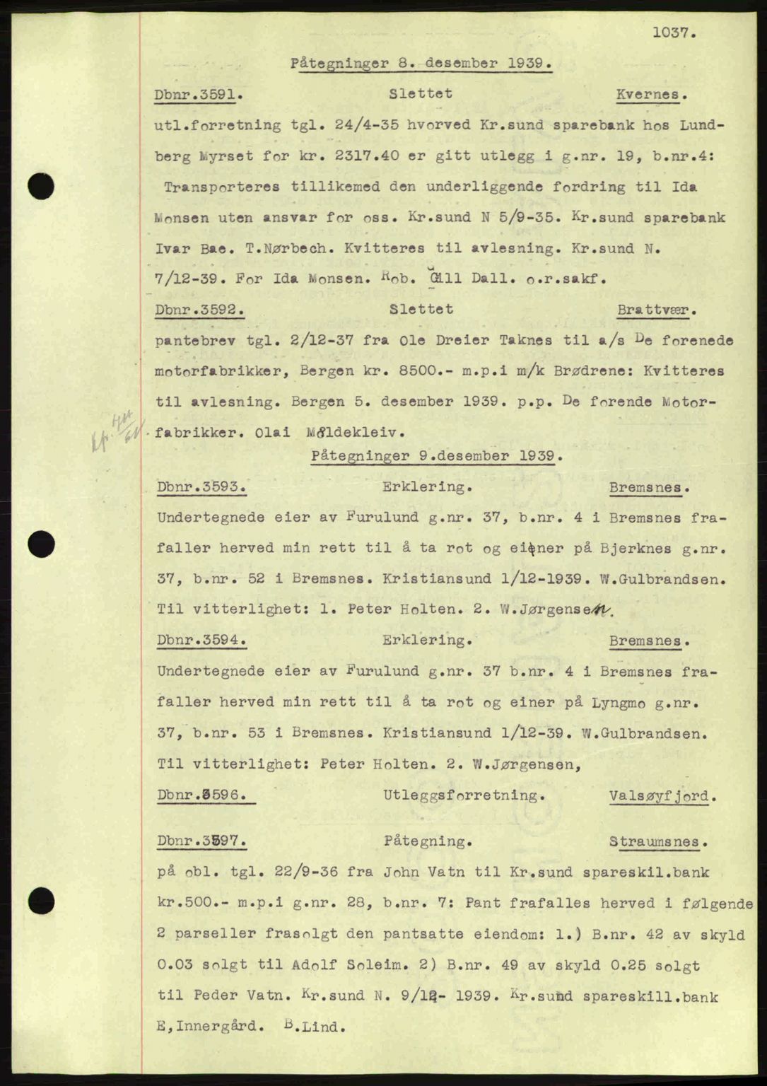 Nordmøre sorenskriveri, SAT/A-4132/1/2/2Ca: Pantebok nr. C80, 1936-1939, Dagboknr: 3591/1939