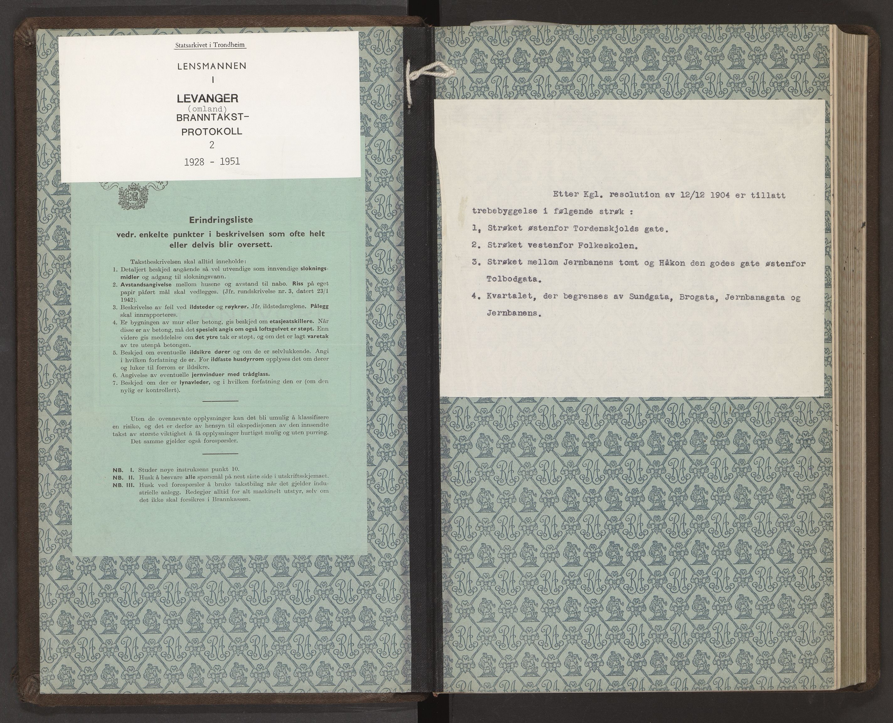 Norges Brannkasse Levanger, SAT/A-5543/Fa/L0002: Branntakstprotokoll, 1928-1951
