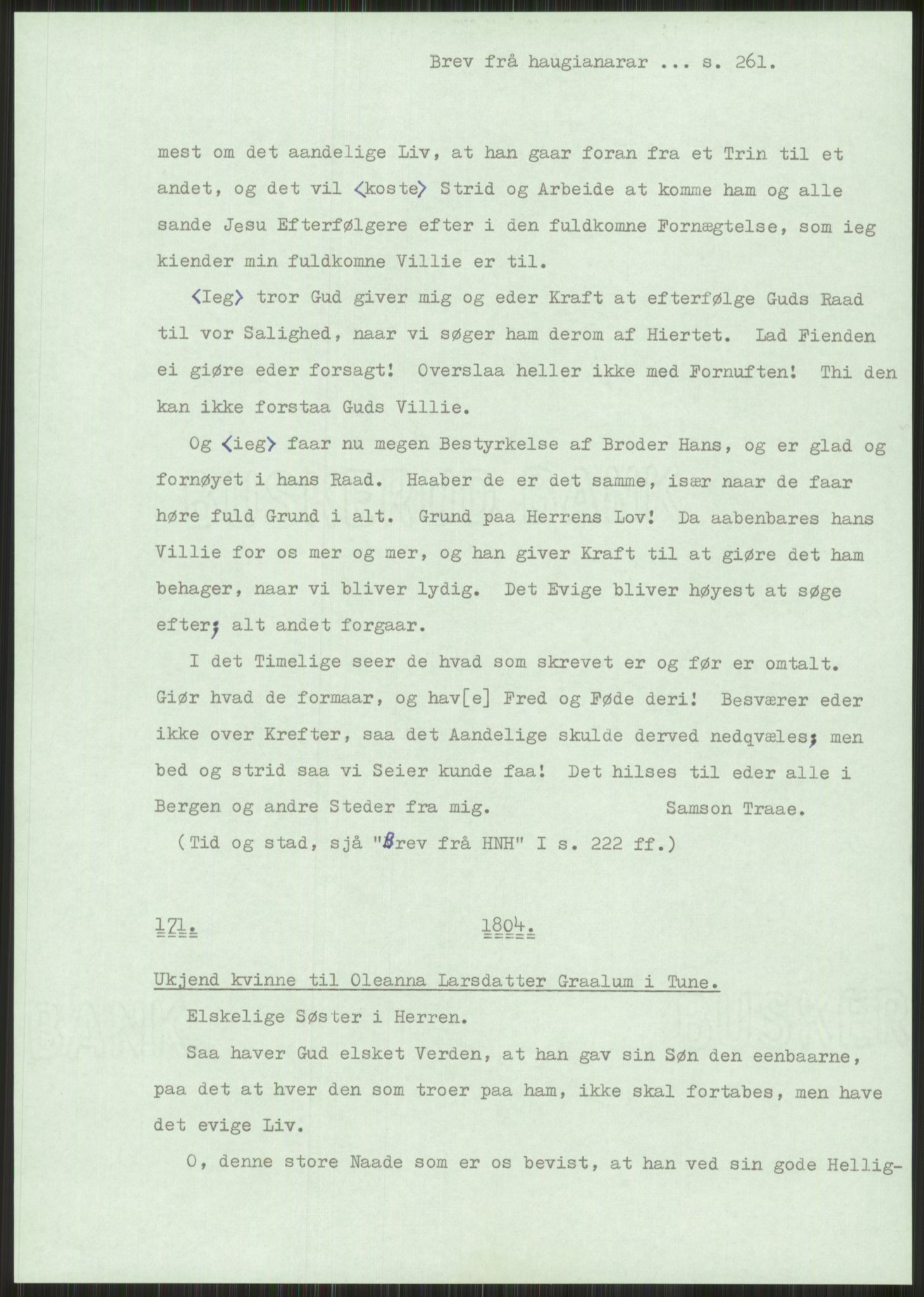 Samlinger til kildeutgivelse, Haugianerbrev, RA/EA-6834/F/L0001: Haugianerbrev I: 1760-1804, 1760-1804, s. 261