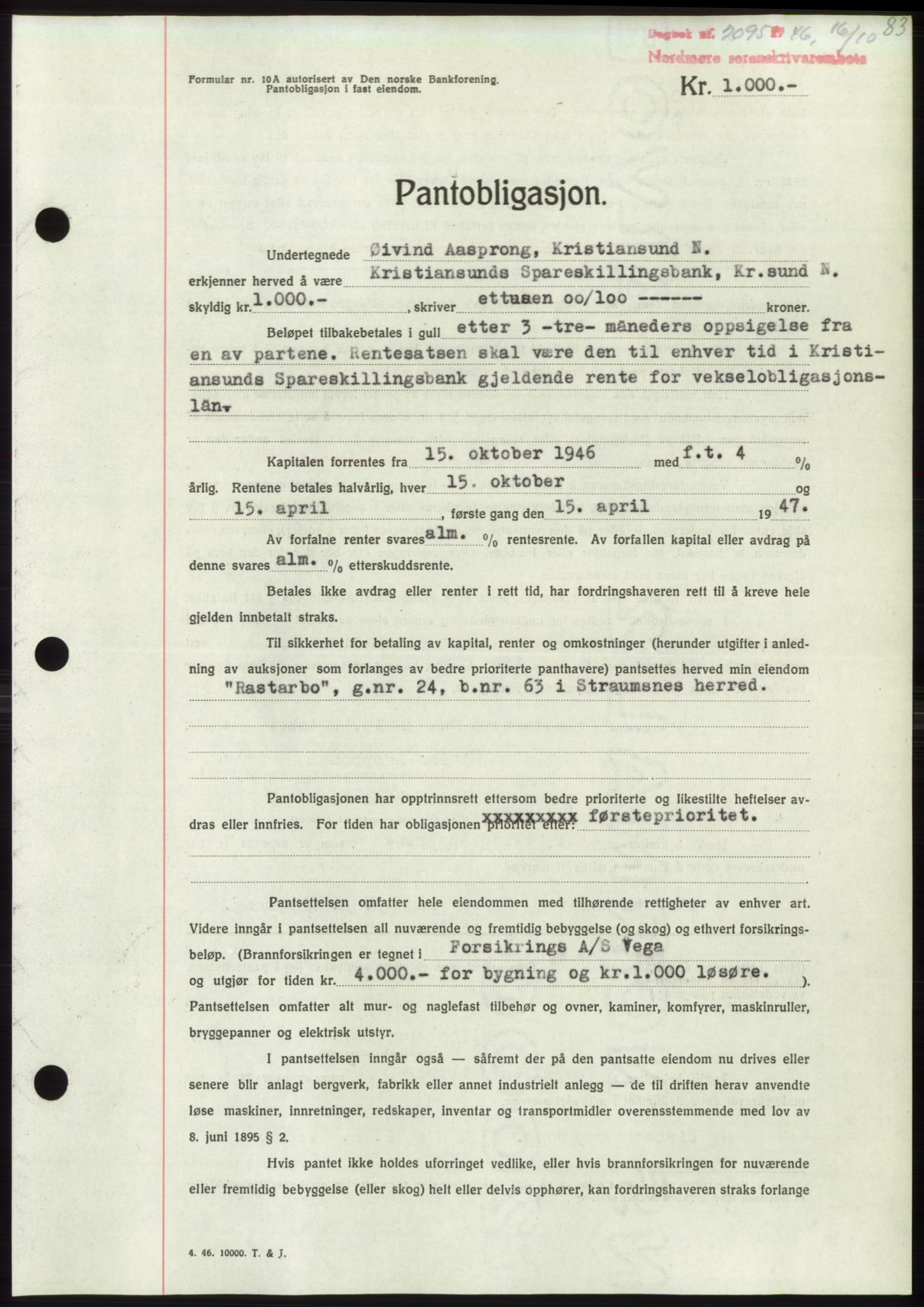 Nordmøre sorenskriveri, SAT/A-4132/1/2/2Ca: Pantebok nr. B95, 1946-1947, Dagboknr: 2095/1946