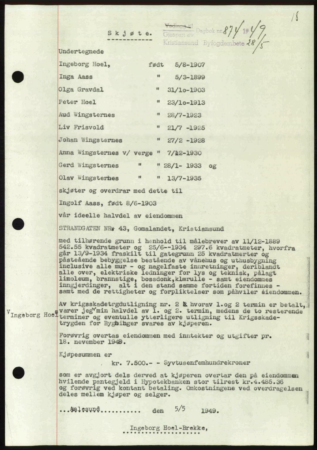 Kristiansund byfogd, AV/SAT-A-4587/A/27: Pantebok nr. 46, 1949-1950, Dagboknr: 874/1949