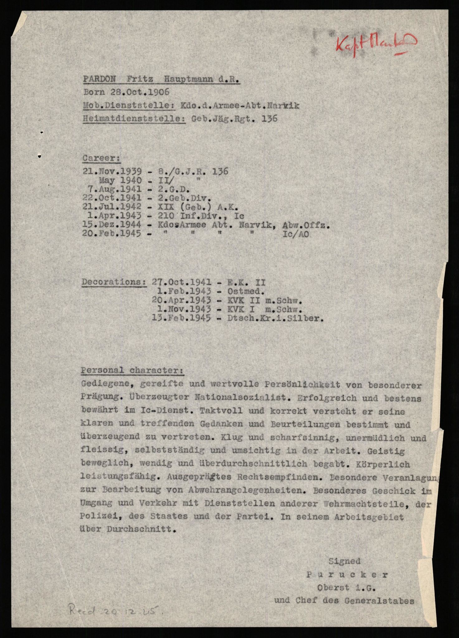 Forsvaret, Forsvarets overkommando II, AV/RA-RAFA-3915/D/Db/L0025: CI Questionaires. Tyske okkupasjonsstyrker i Norge. Tyskere., 1945-1946, s. 353