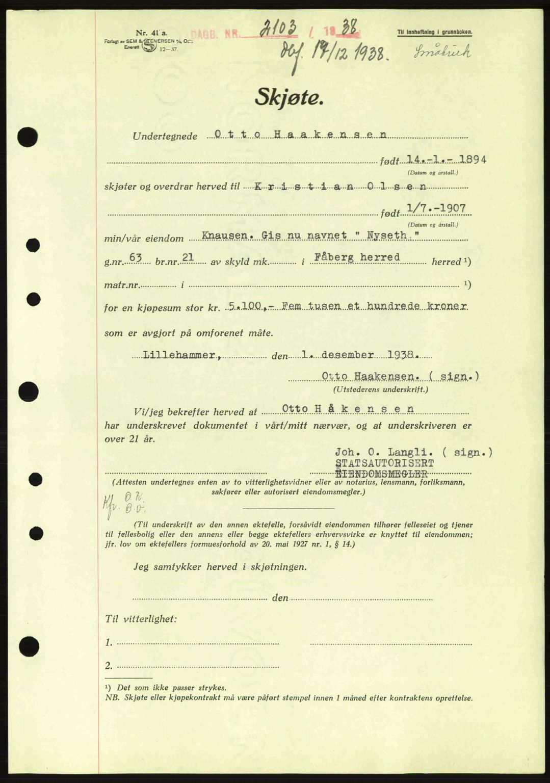 Sør-Gudbrandsdal tingrett, SAH/TING-004/H/Hb/Hbd/L0005: Pantebok nr. A5, 1938-1939, Dagboknr: 2103/1938