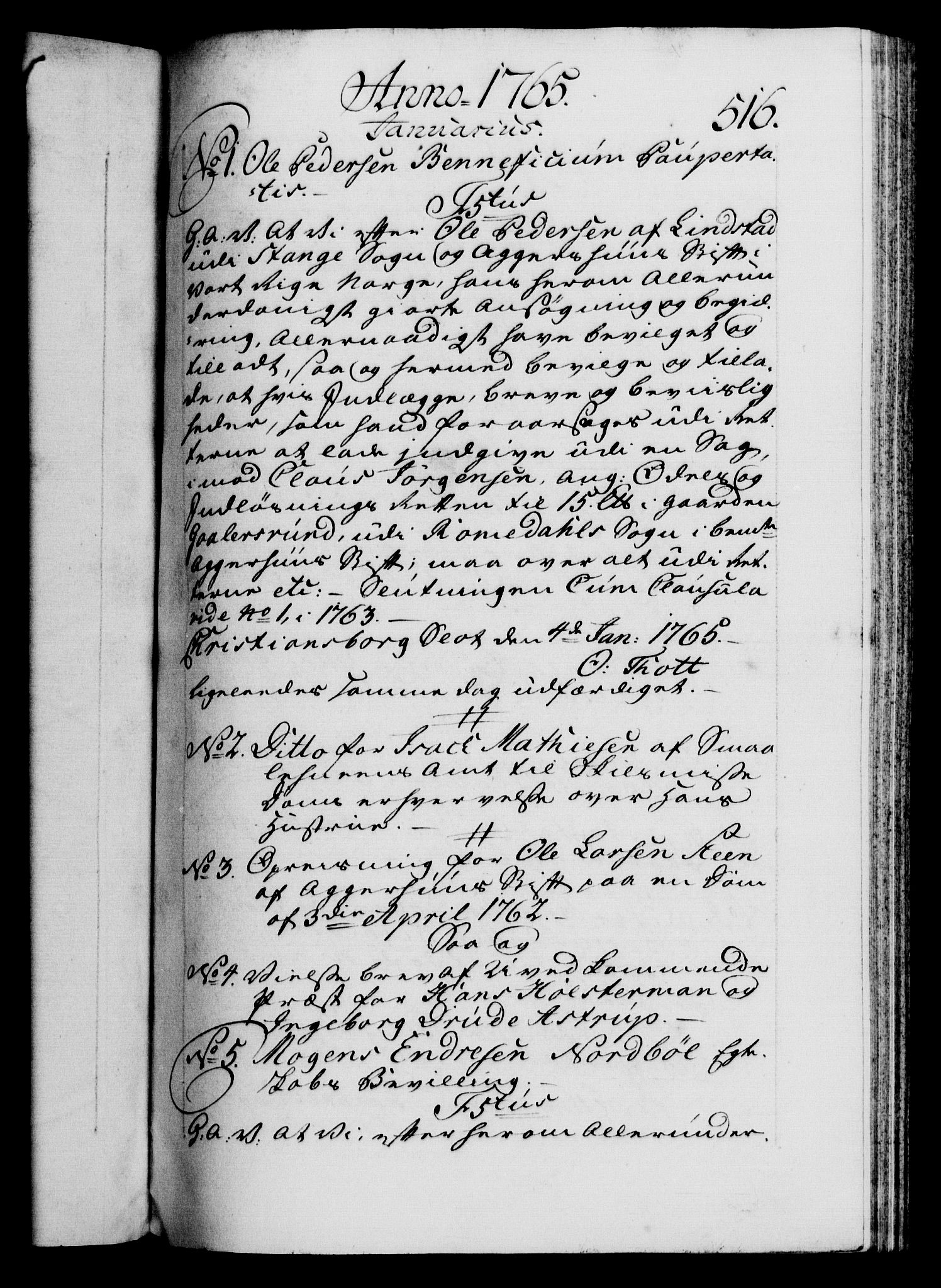 Danske Kanselli 1572-1799, RA/EA-3023/F/Fc/Fca/Fcaa/L0042: Norske registre, 1763-1766, s. 516a