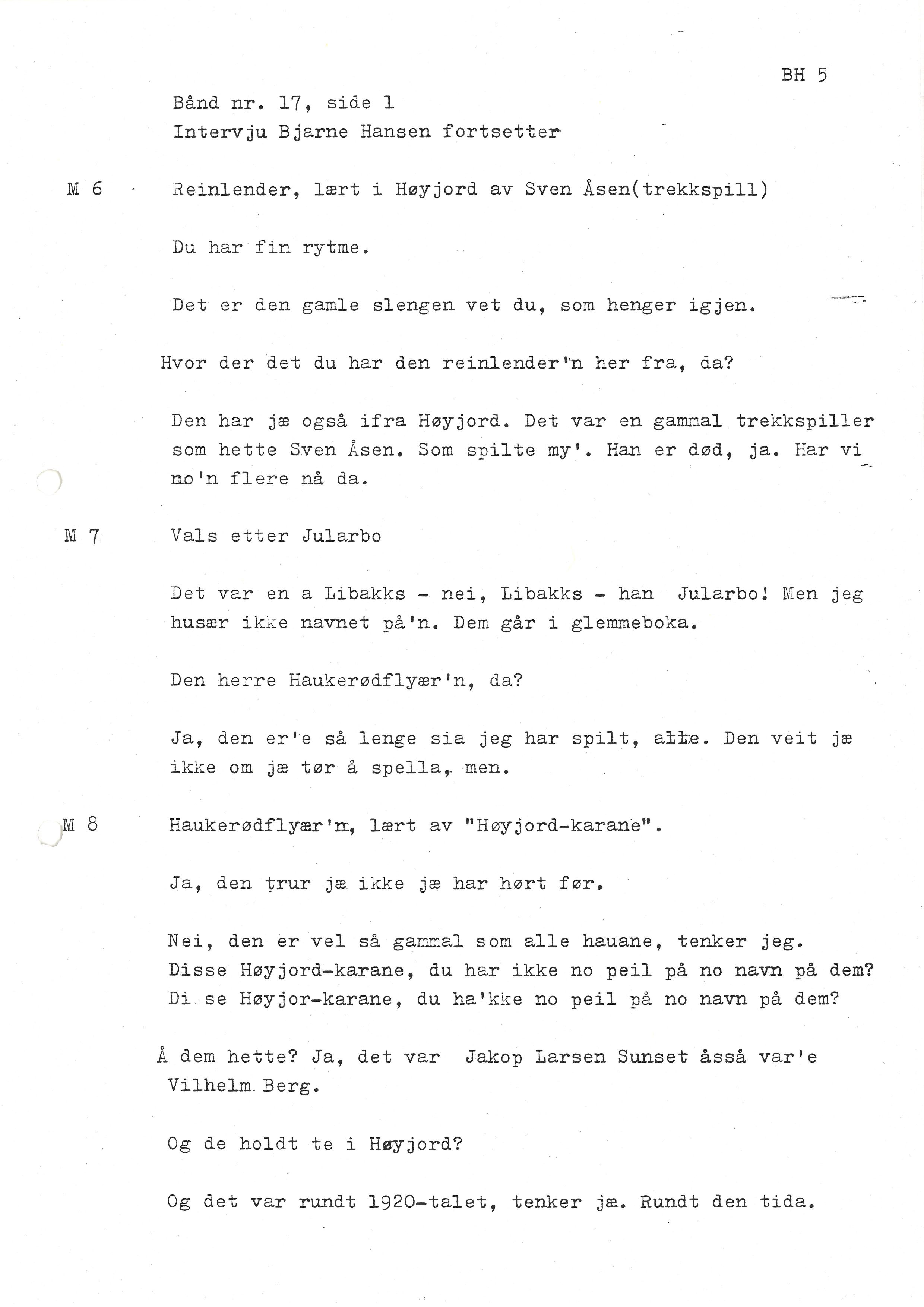 Sa 16 - Folkemusikk fra Vestfold, Gjerdesamlingen, VEMU/A-1868/I/L0001: Informantregister med intervjunedtegnelser, 1979-1986