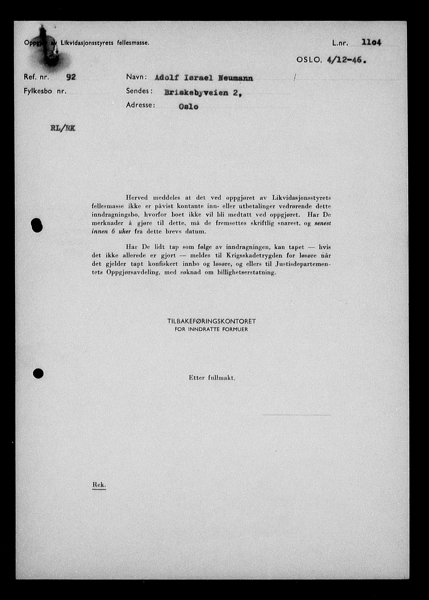 Justisdepartementet, Tilbakeføringskontoret for inndratte formuer, AV/RA-S-1564/H/Hc/Hcc/L0967: --, 1945-1947, s. 266