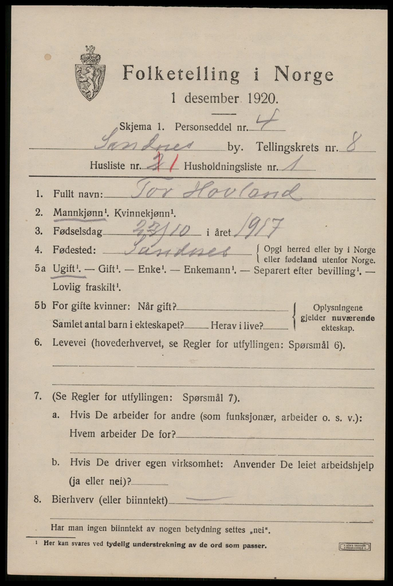 SAST, Folketelling 1920 for 1102 Sandnes ladested, 1920, s. 5796