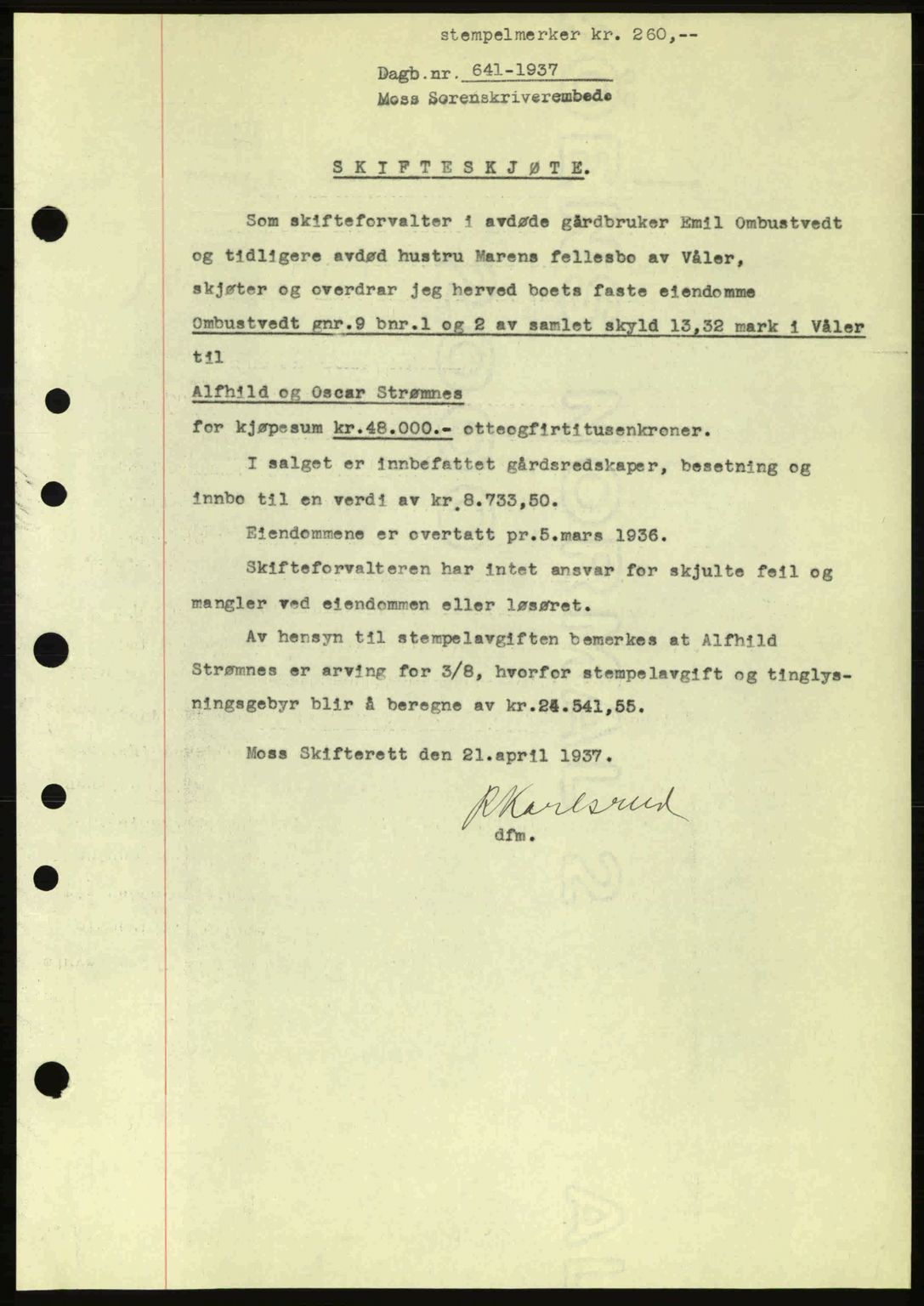 Moss sorenskriveri, SAO/A-10168: Pantebok nr. A2, 1936-1937, Dagboknr: 641/1937