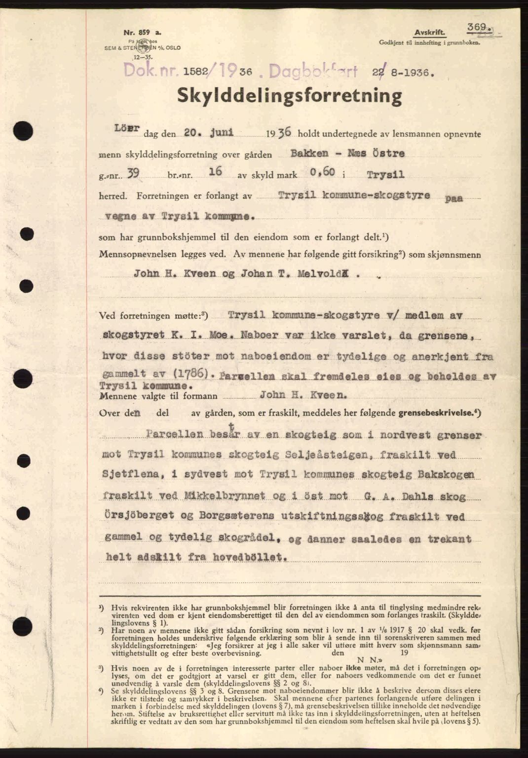 Sør-Østerdal sorenskriveri, SAH/TING-018/H/Hb/Hbb/L0054: Pantebok nr. A54, 1936-1936, Dagboknr: 1582/1936