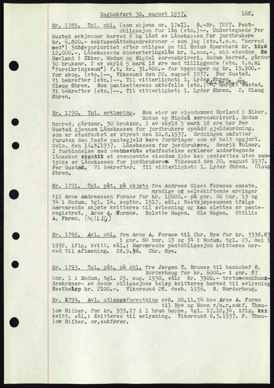 Eiker, Modum og Sigdal sorenskriveri, SAKO/A-123/G/Ga/Gab/L0036: Pantebok nr. A6, 1937-1937, Dagboknr: 1789/1937