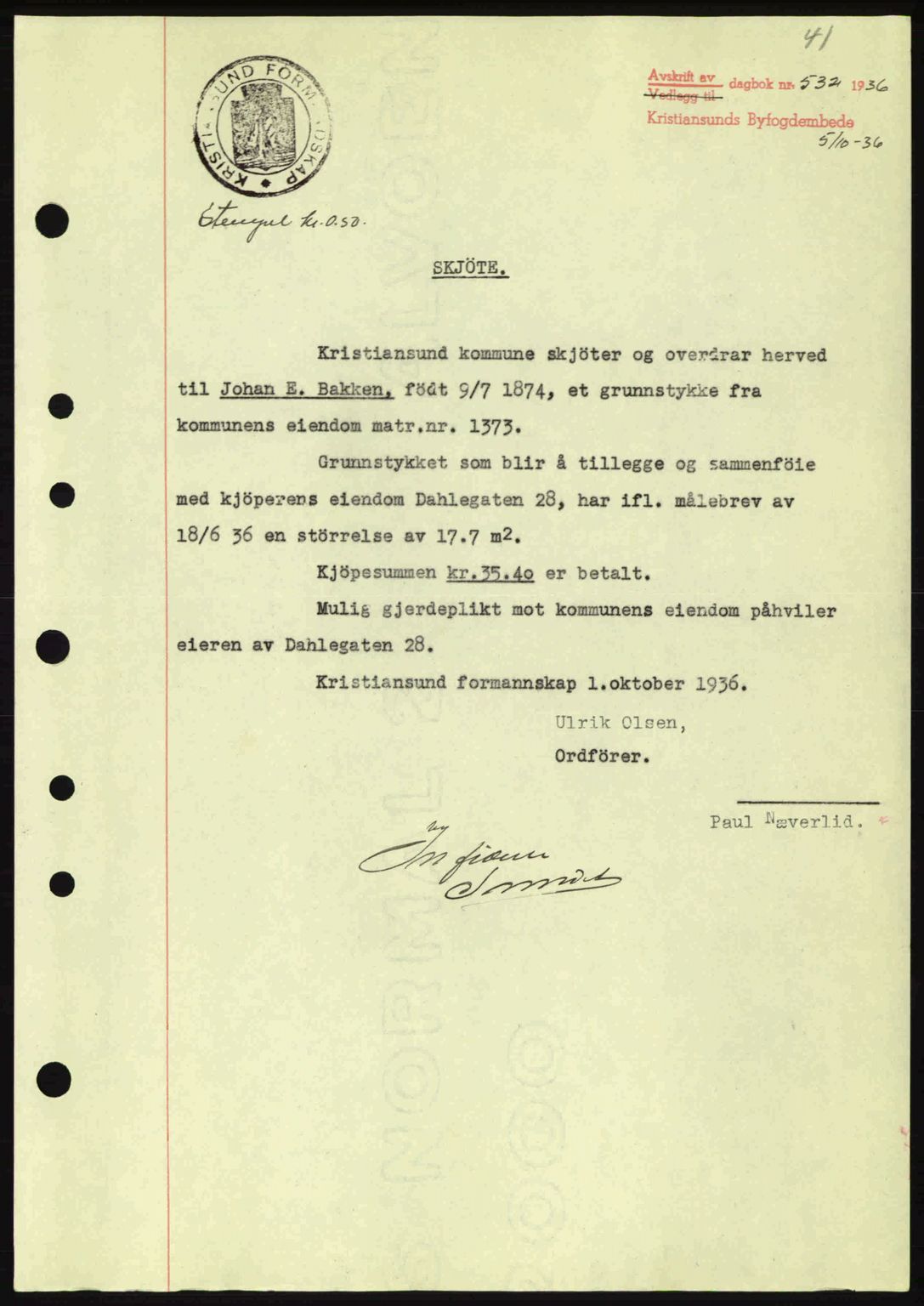 Kristiansund byfogd, SAT/A-4587/A/27: Pantebok nr. 30, 1936-1941, Dagboknr: 532/1936