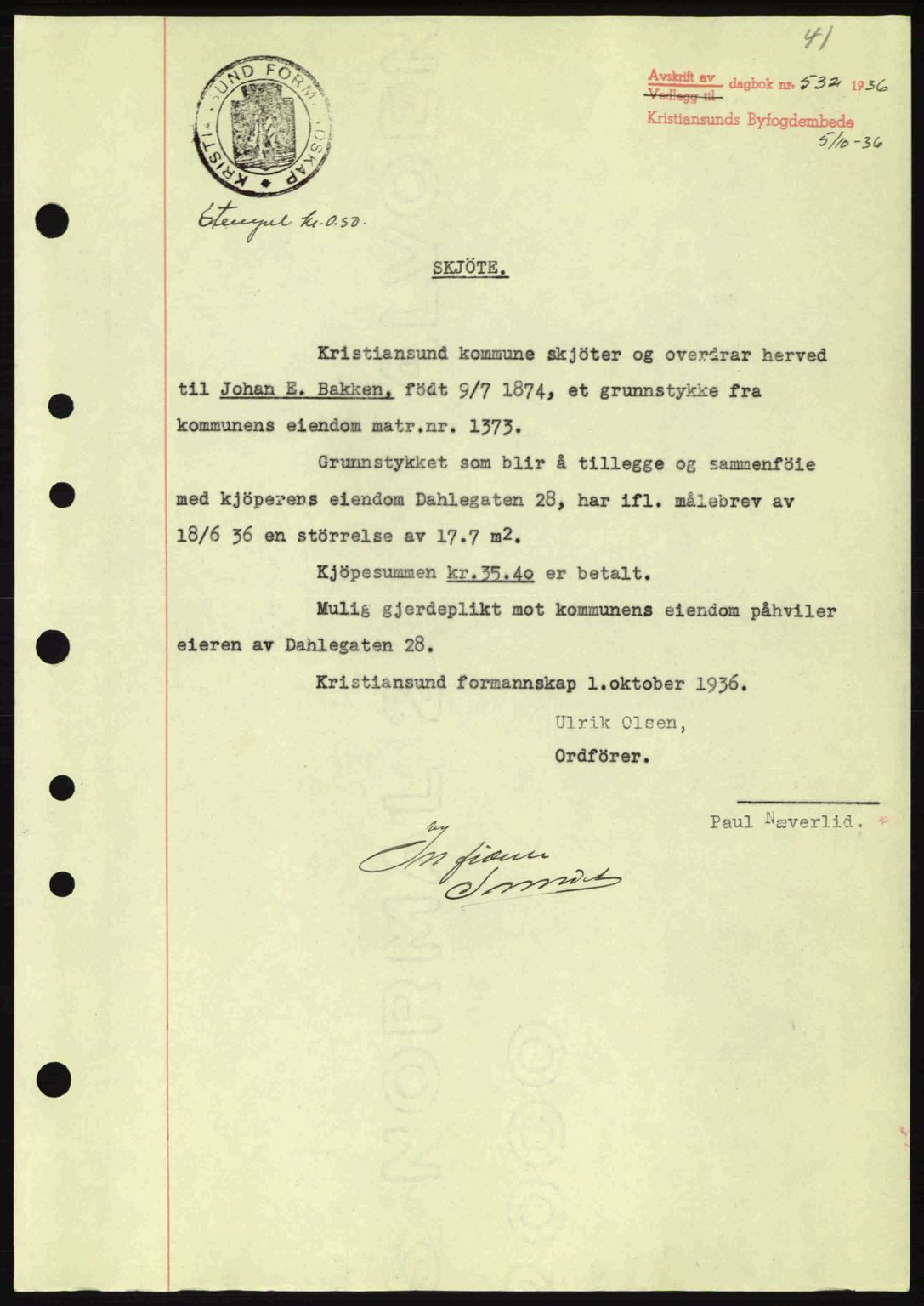 Kristiansund byfogd, AV/SAT-A-4587/A/27: Pantebok nr. 30, 1936-1941, Dagboknr: 532/1936