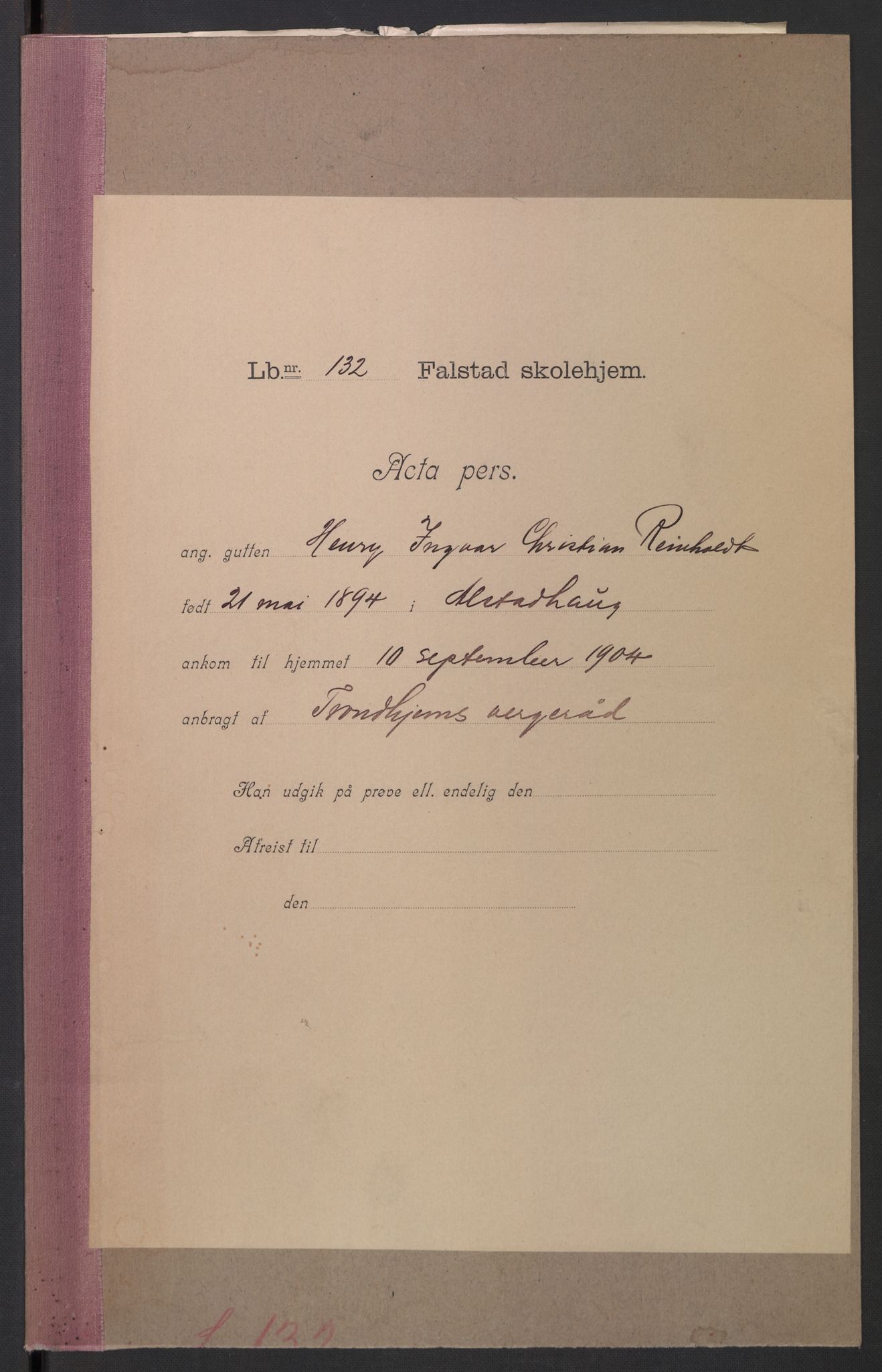 Falstad skolehjem, AV/RA-S-1676/E/Eb/L0006: Elevmapper løpenr. 121-145, 1903-1910, s. 156