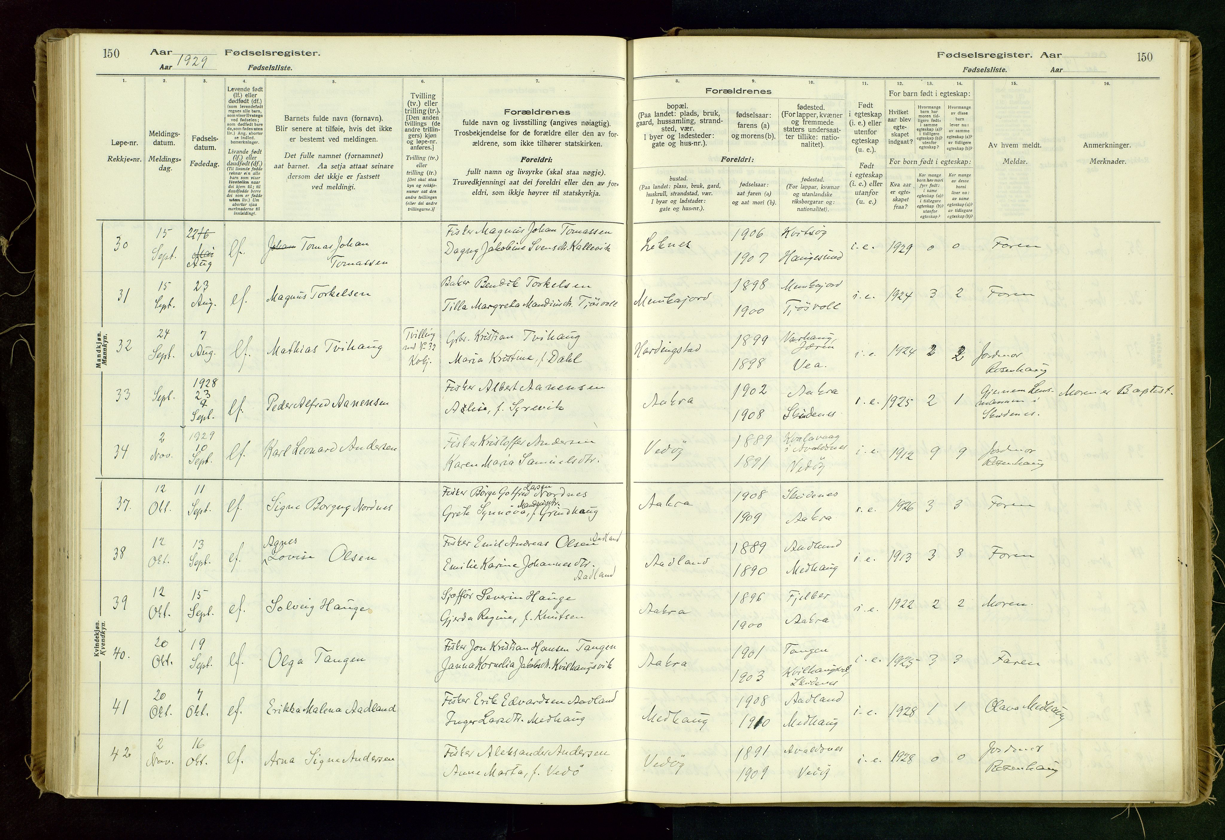 Kopervik sokneprestkontor, AV/SAST-A-101850/I/Id/L0006: Fødselsregister nr. 6, 1916-1934, s. 150